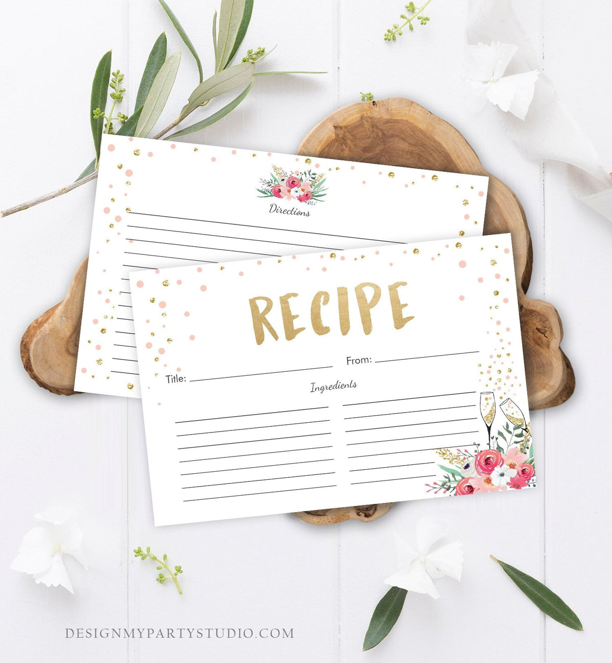 Editable Pink Floral Recipe Cards Brunch and Bubbly Bridal Shower Gold Confetti Double Sided 4x6 Download Corjl Template Printable 0030 0318