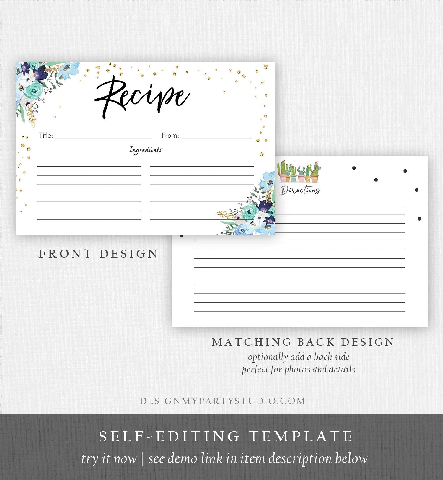 Editable Blue Floral Recipe Cards Travel Adventure Bridal Shower Traveling to Mrs Navy Gold Confetti Double Sided 4x6 Corjl Template 0030