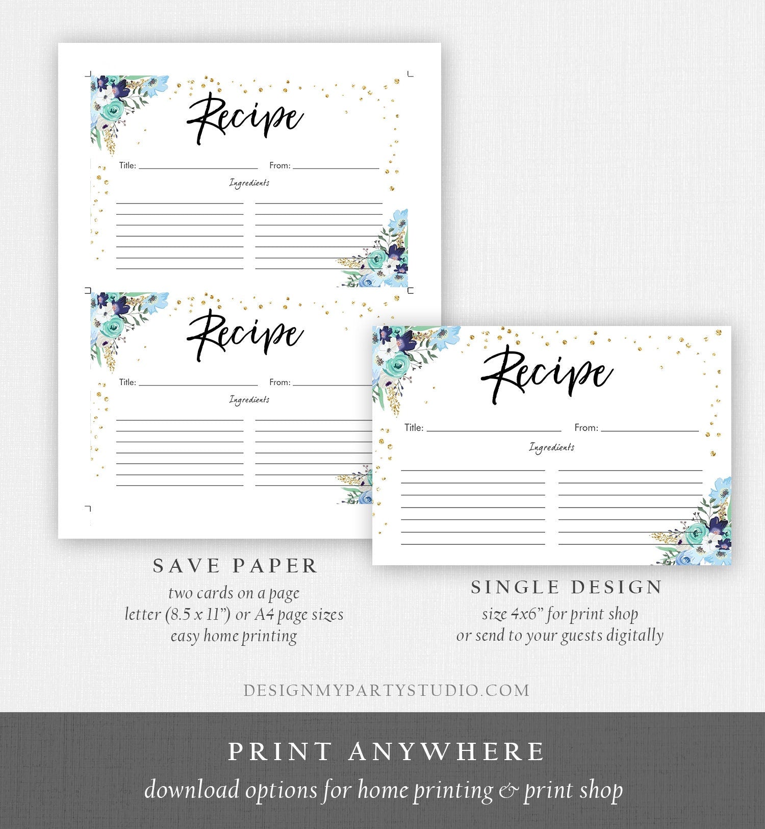 Editable Blue Floral Recipe Cards Travel Adventure Bridal Shower Traveling to Mrs Navy Gold Confetti Double Sided 4x6 Corjl Template 0030