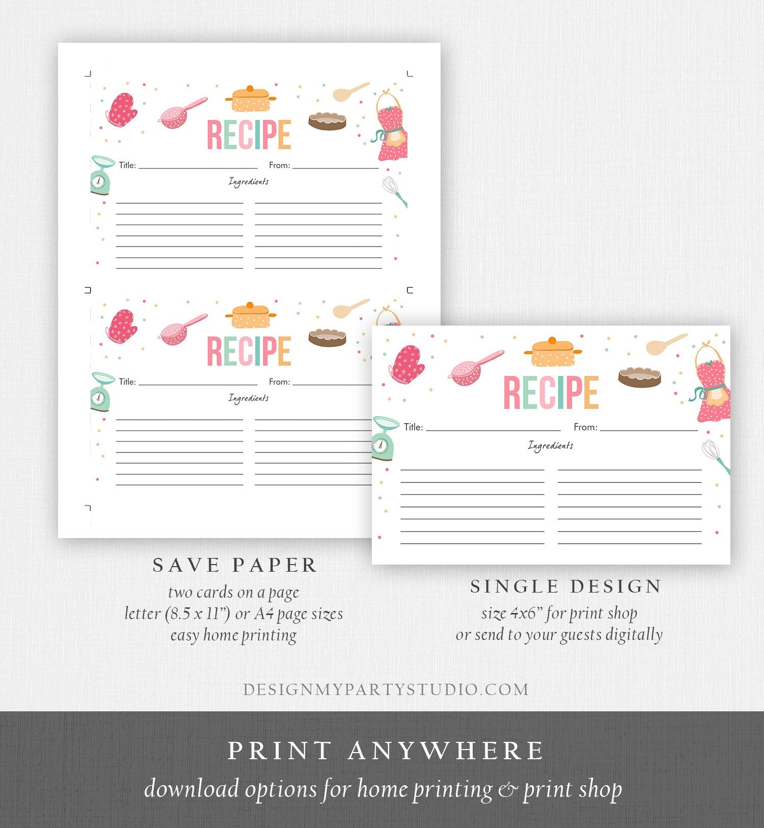 Editable Recipe Cards Kitchen Bridal Shower Stock the Kitchen Retro Kitchen Cooking Double Sided Digital Download Template Printable 0219