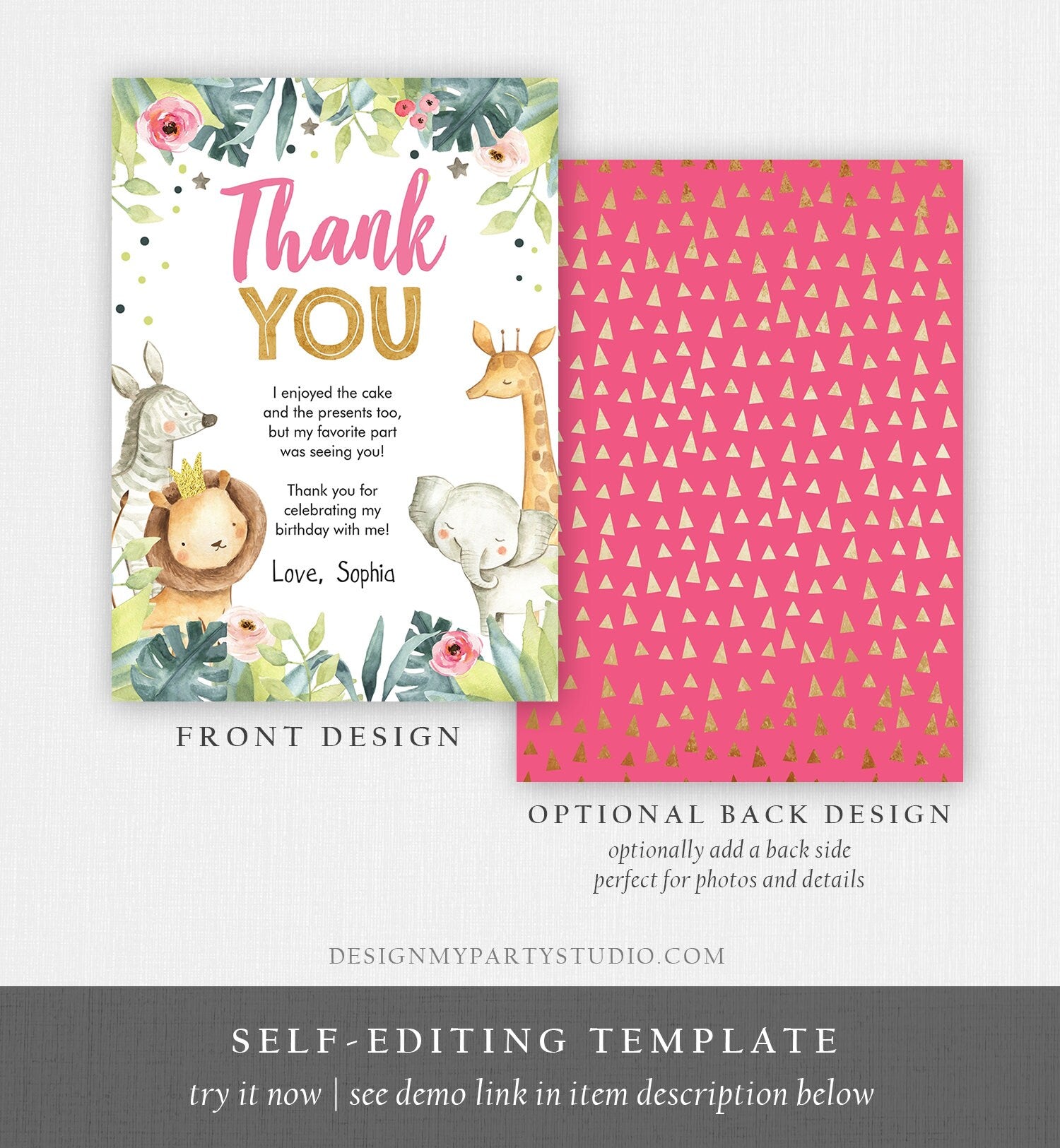 Editable Safari Animals Thank You Card Wild One Two Wild Thank You Note Girl Pink Party Animals Watercolor Digital Template Printable 0163