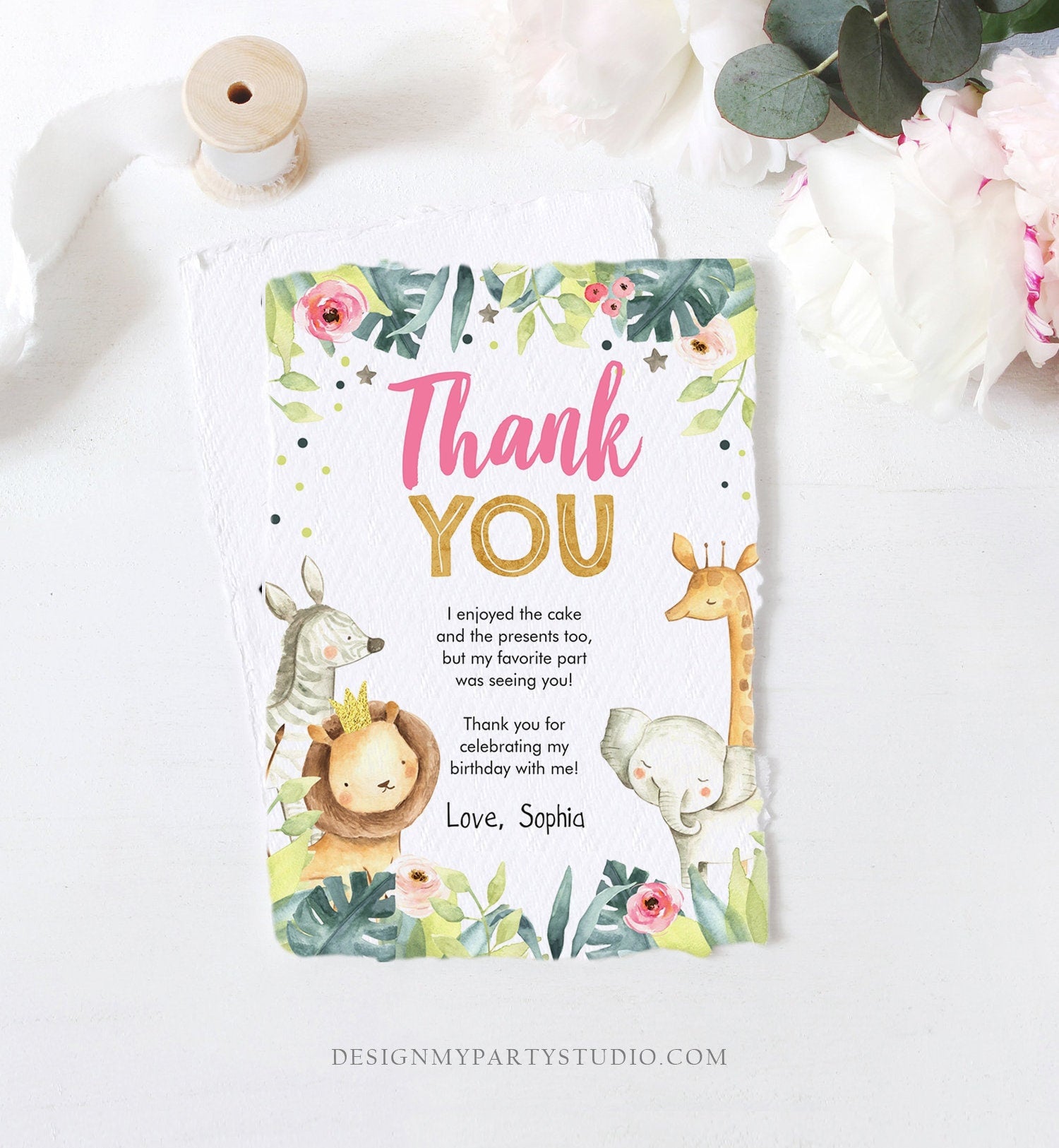 Editable Safari Animals Thank You Card Wild One Two Wild Thank You Note Girl Pink Party Animals Watercolor Digital Template Printable 0163