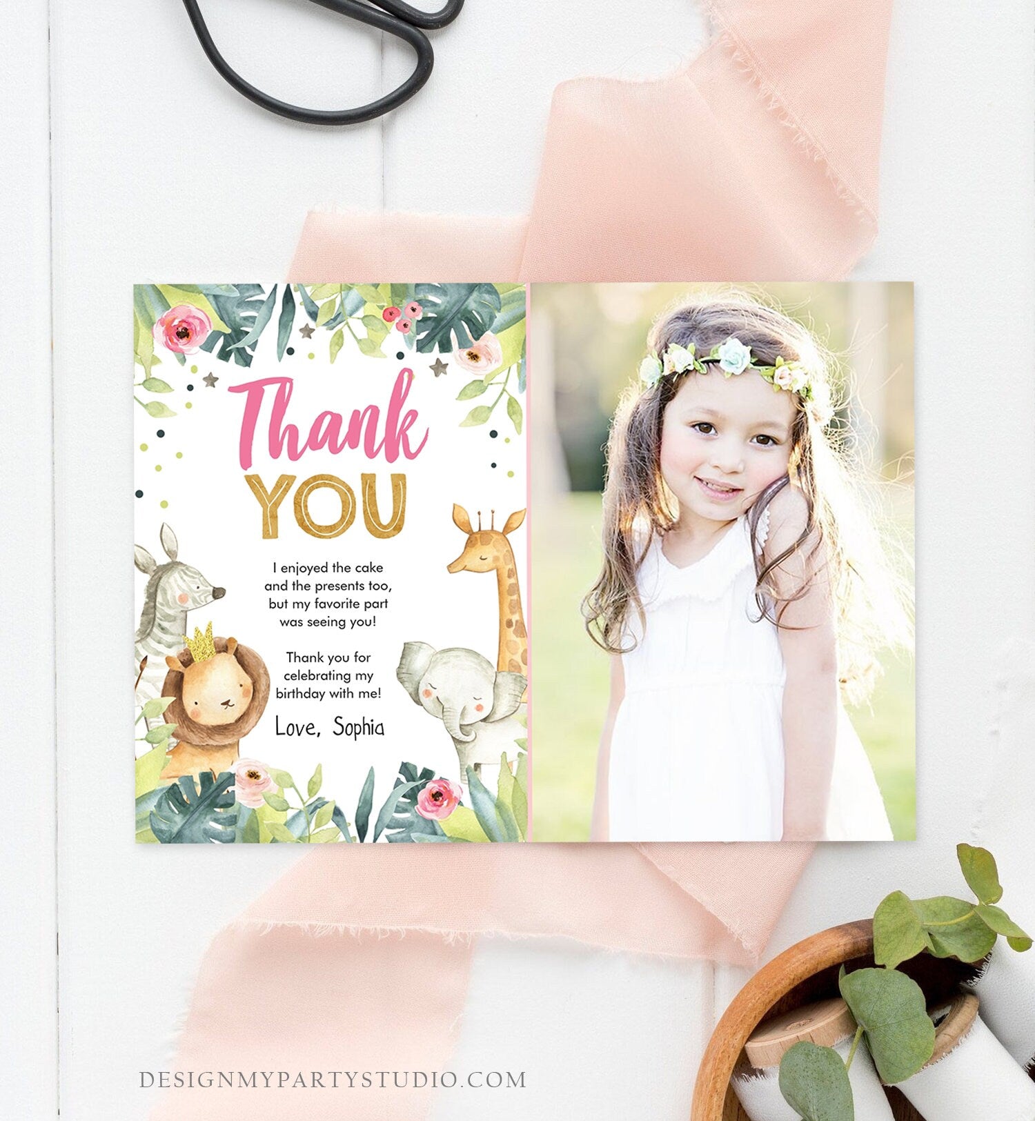 Editable Thank You Card Safari Animals Wild One Two Wild Thank You Note Girl Pink Gold Jungle Zoo Party Animals Corjl Template Digital 0163