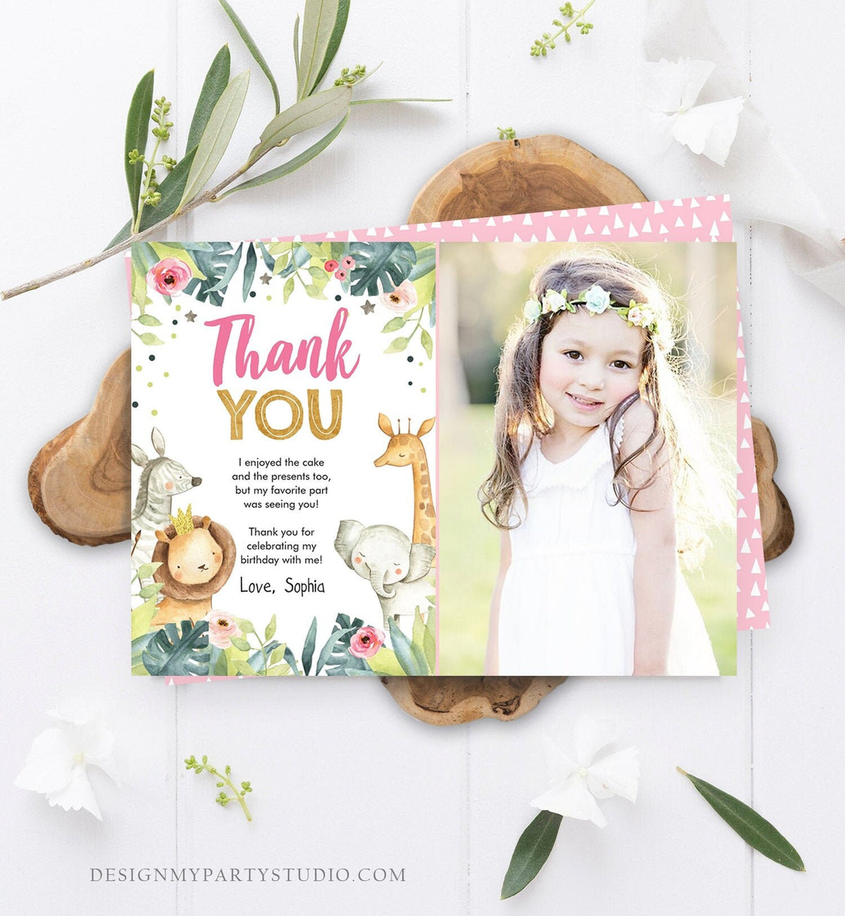 Editable Thank You Card Safari Animals Wild One Two Wild Thank You Note Girl Pink Gold Jungle Zoo Party Animals Corjl Template Digital 0163