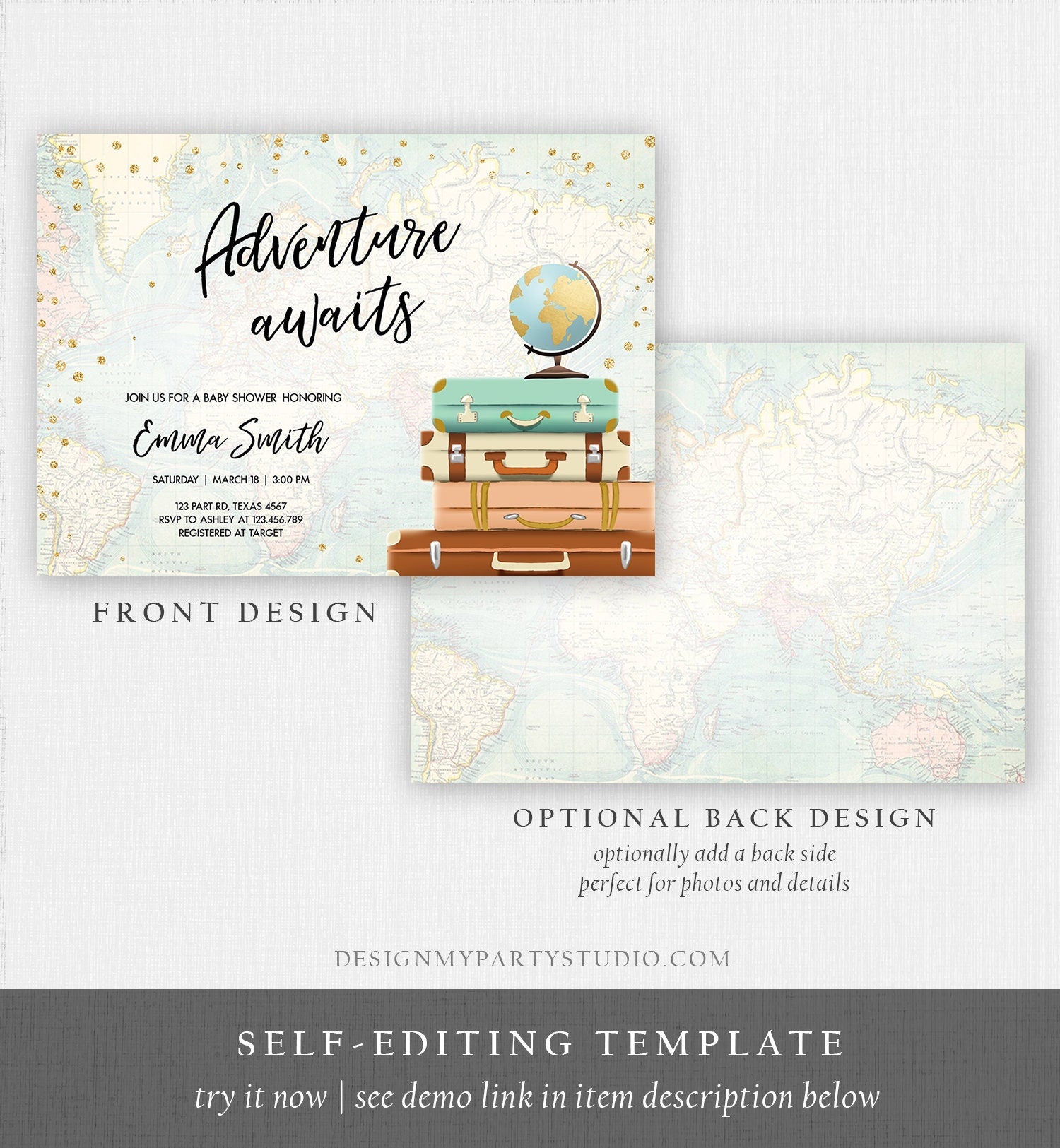 Editable Adventure Awaits Baby Shower Invitation Sprinkle Gold Confetti Suitcases Globe Travel Around World Printable Corjl Template 0263