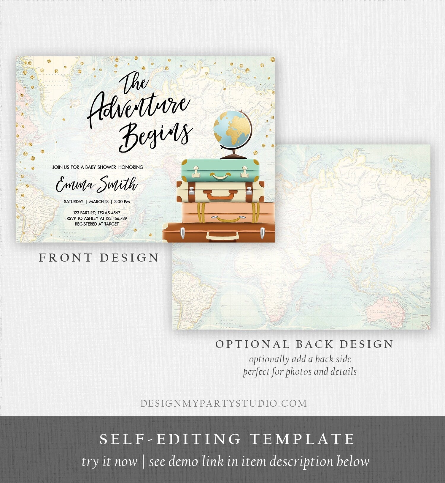 Editable The Adventure Begins Baby Shower Invitation Gold Confetti Suitcases Globe Travel Around World Printable Corjl Template 0263