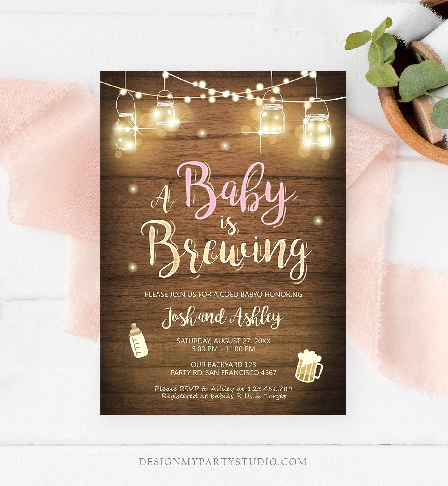 Editable A Baby is Brewing Invitation Bottle and Beers Baby Shower BaByQ BBQ Coed Couples Shower Girl Download Evite Template Printable 0015