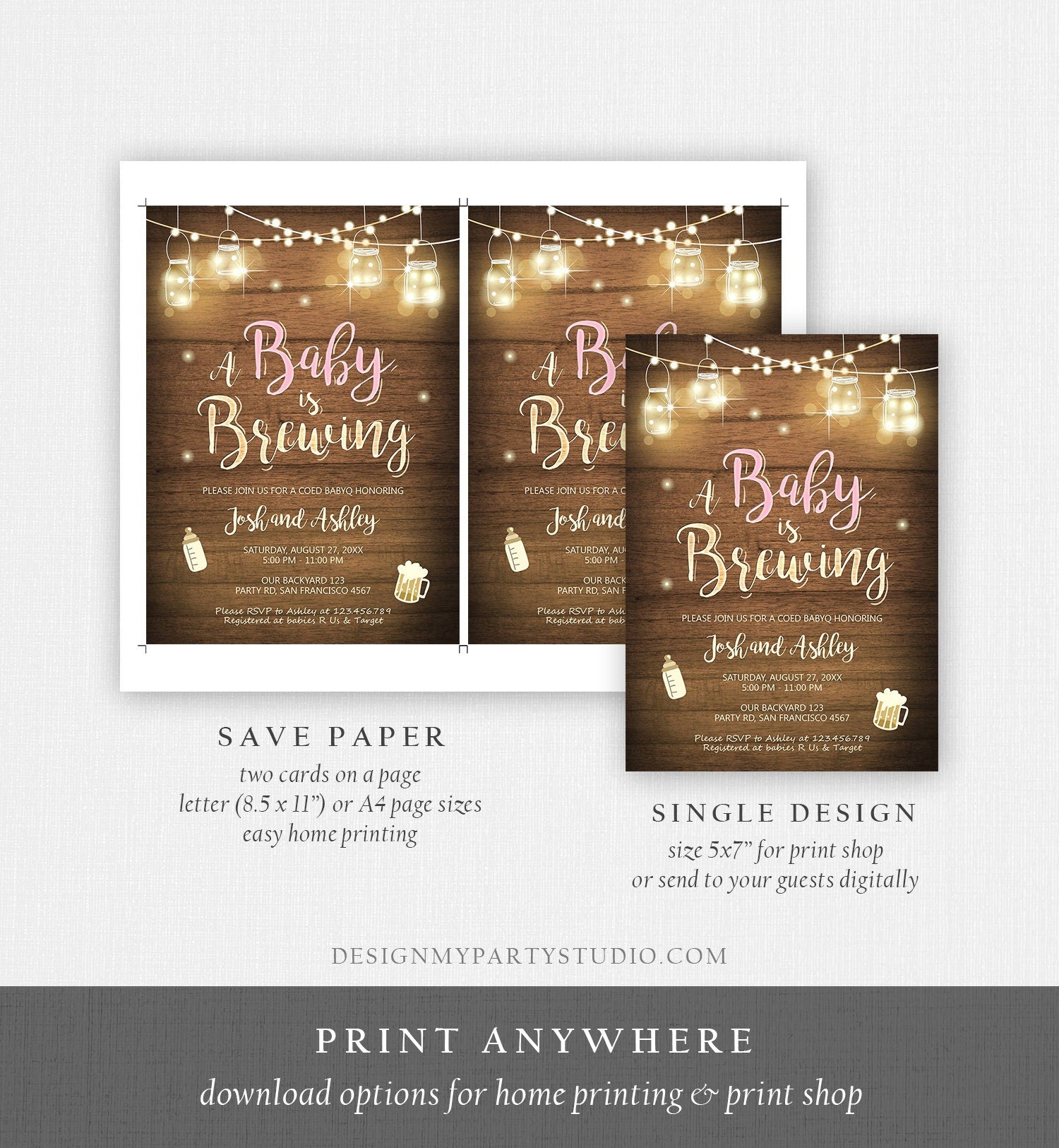 Editable A Baby is Brewing Invitation Bottle and Beers Baby Shower BaByQ BBQ Coed Couples Shower Girl Download Evite Template Printable 0015