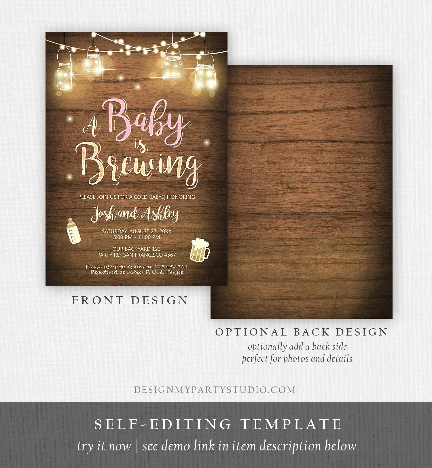 Editable A Baby is Brewing Invitation Bottle and Beers Baby Shower BaByQ BBQ Coed Couples Shower Girl Download Evite Template Printable 0015