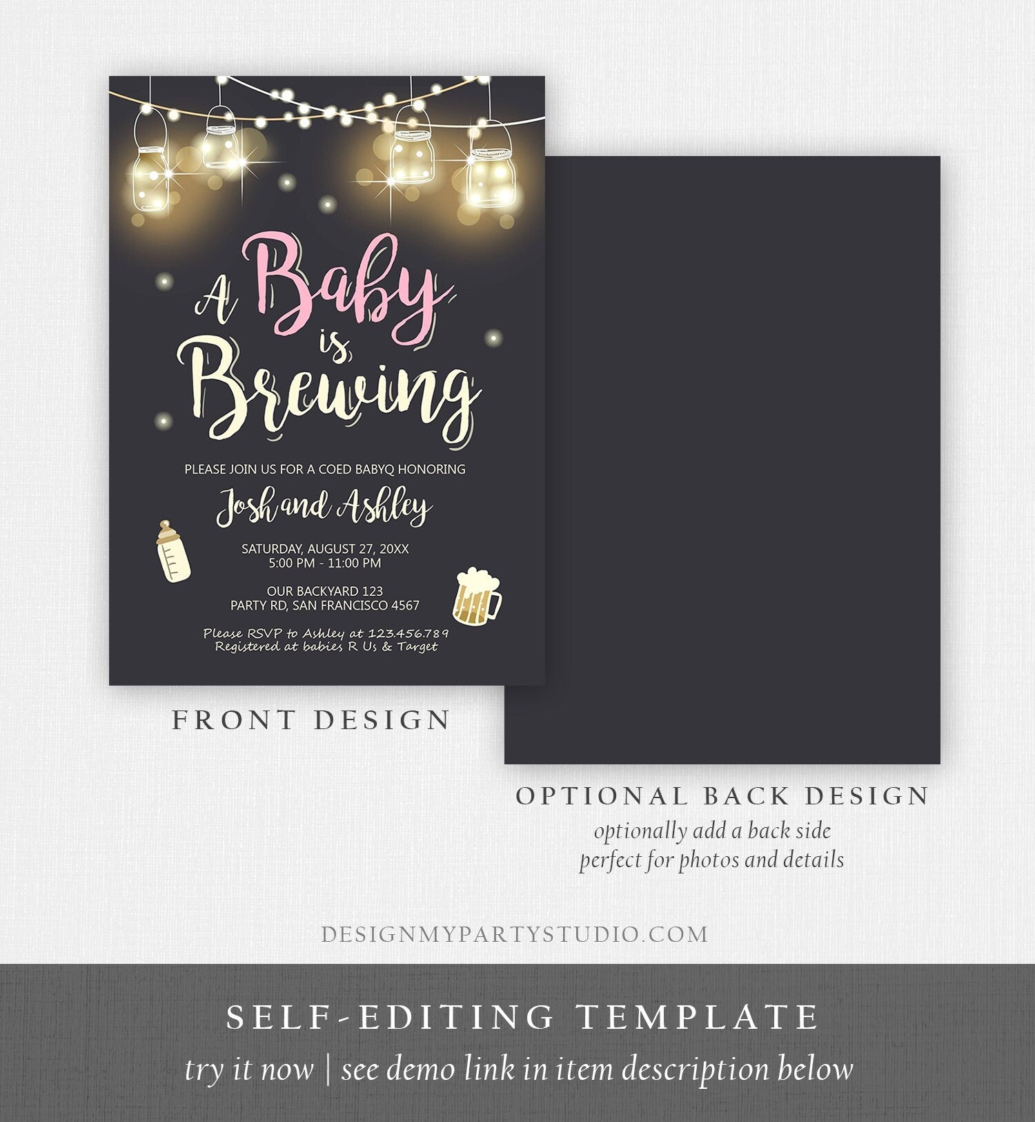 Editable A Baby is Brewing Invitation Bottle and Beers Baby Shower BaByQ BBQ Coed Couples Shower Girl Download Printable Template Evite 0024