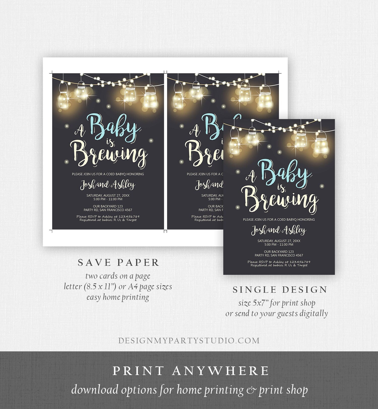 Editable A Baby is Brewing Invitation Bottle and Beers Baby Shower BaByQ BBQ Coed Couples Shower Boy Download Printable Template Corjl 0024