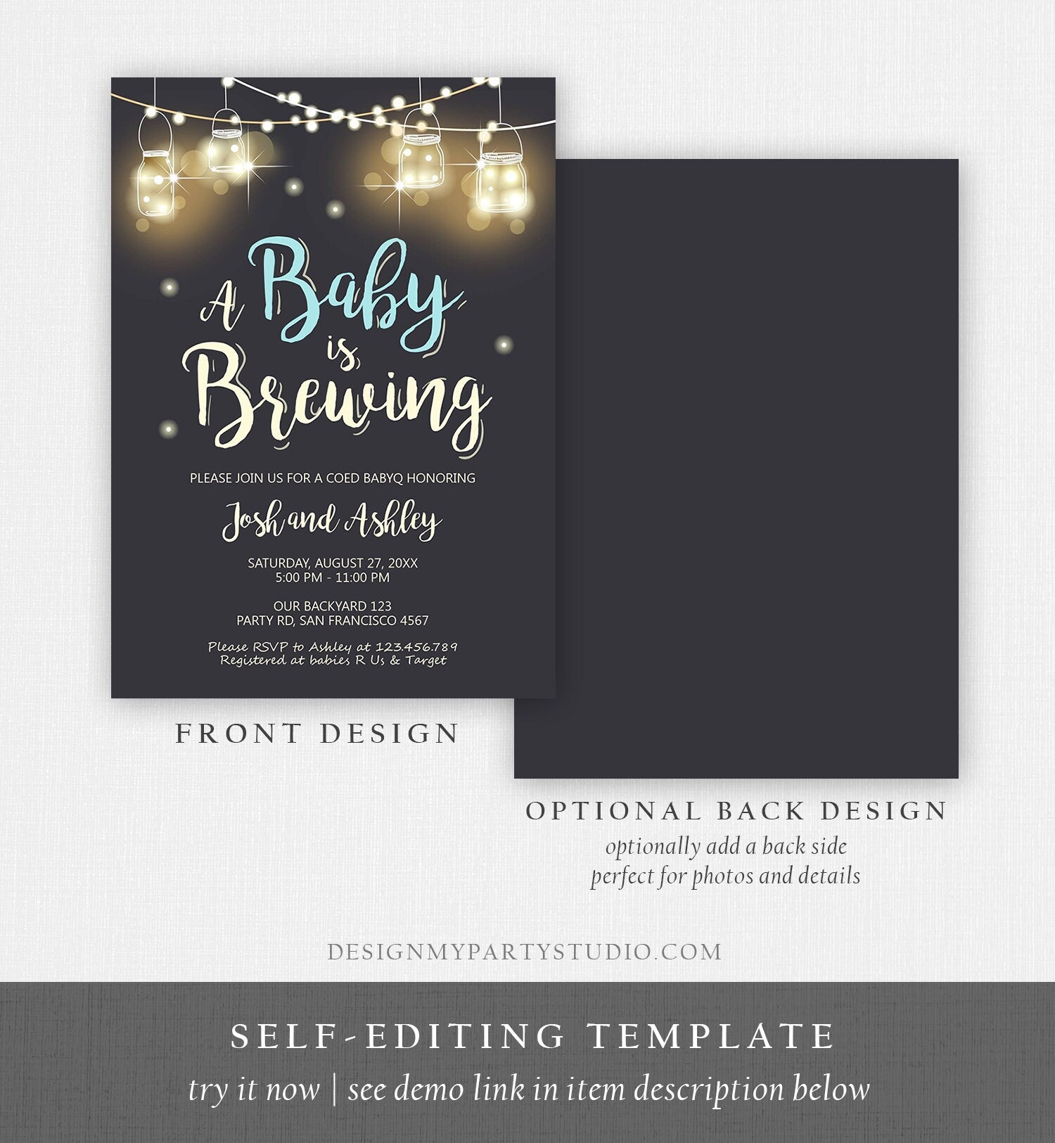 Editable A Baby is Brewing Invitation Bottle and Beers Baby Shower BaByQ BBQ Coed Couples Shower Boy Download Printable Template Corjl 0024