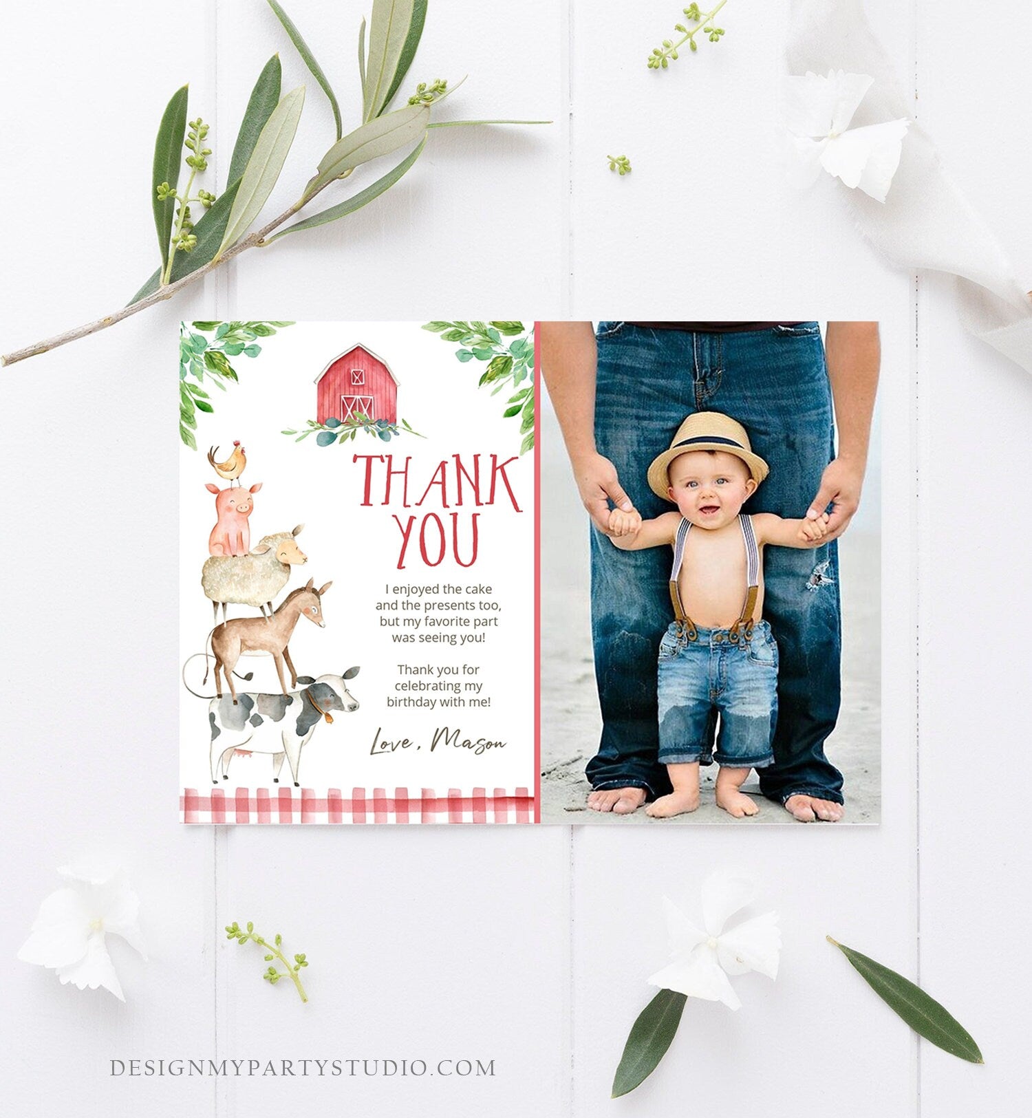 Editable Farm Animals Thank You Card Red Gingham Boy Farm Birthday Barnyard Party Animals Note Digital Download Template Printable 0155