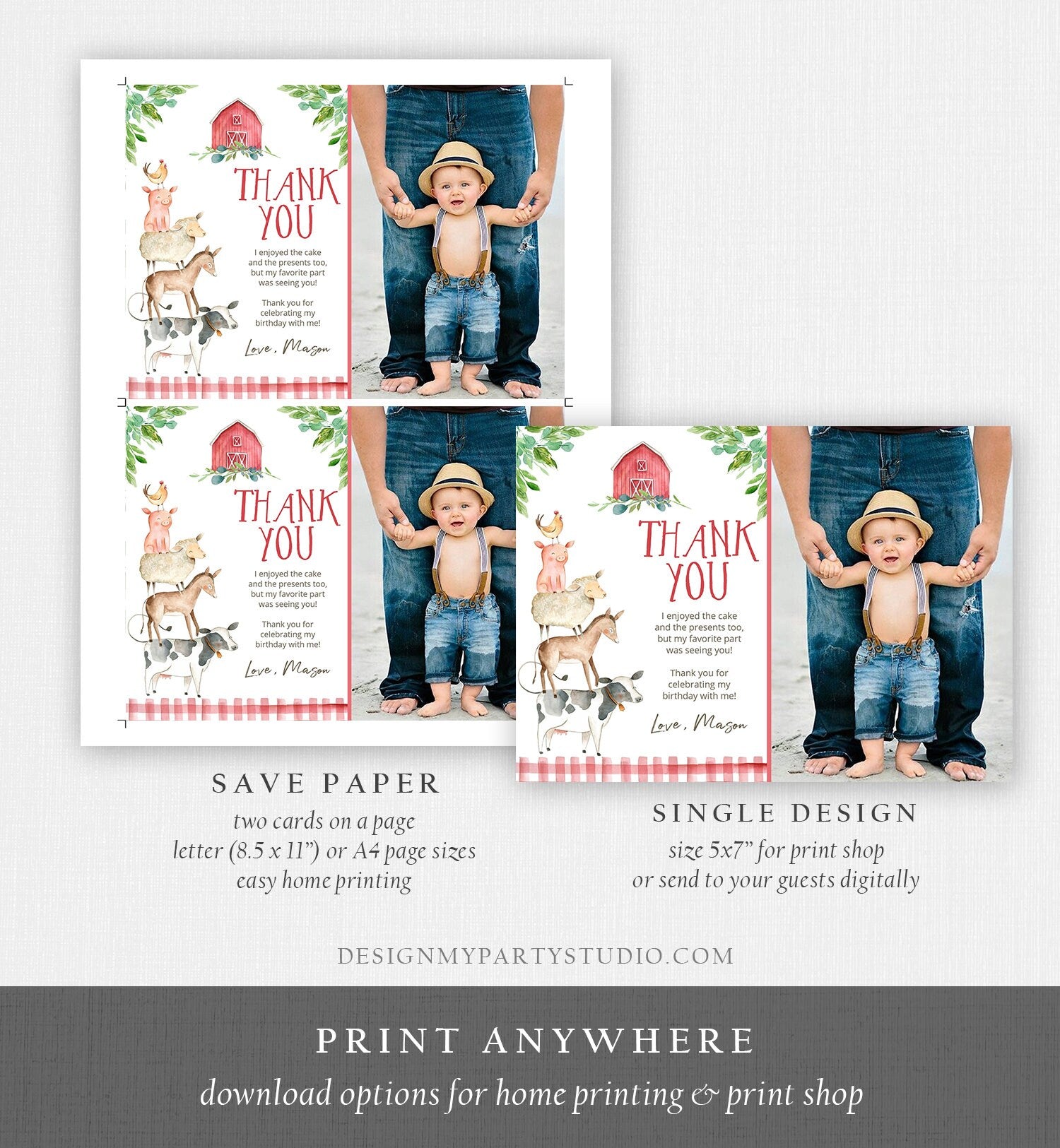 Editable Farm Animals Thank You Card Red Gingham Boy Farm Birthday Barnyard Party Animals Note Digital Download Template Printable 0155