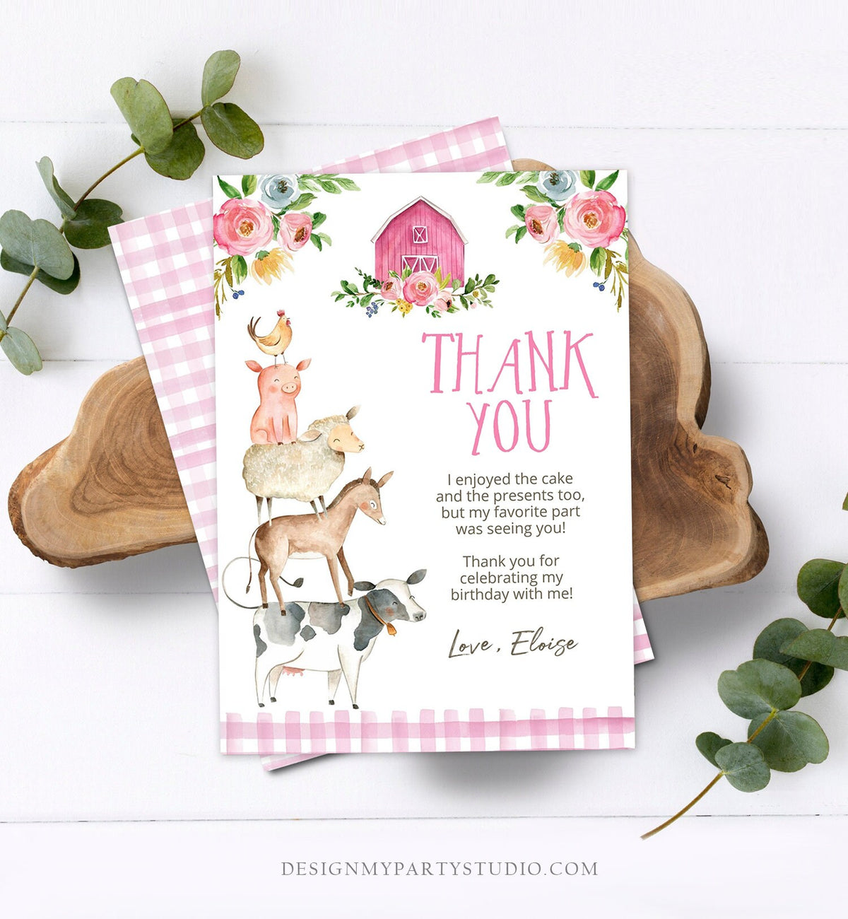 Editable Farm Animals Thank you Card Pink Farm Birthday Girl Barnyard Thank You Card Birthday Template Instant Download Corjl 0155