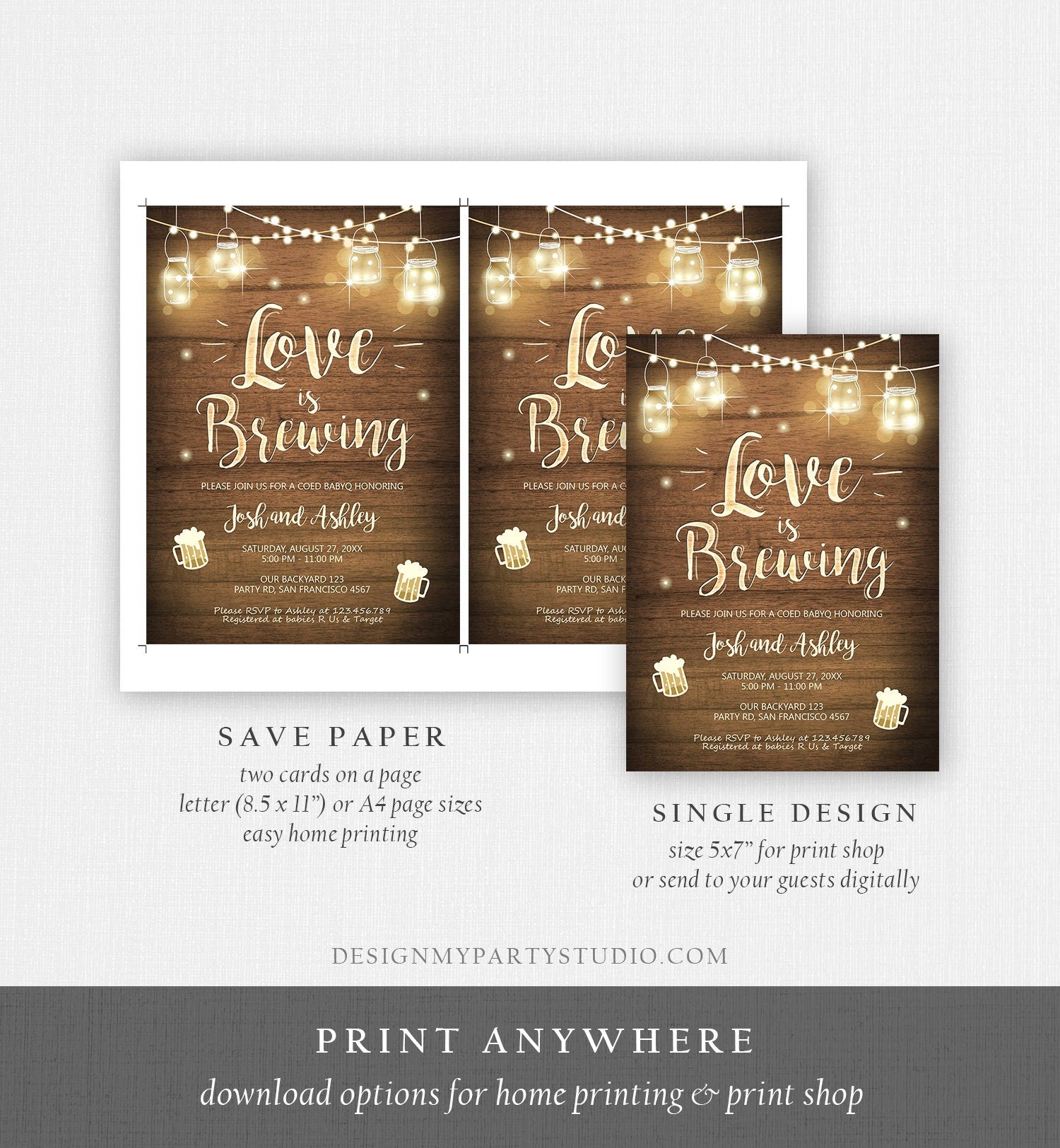 Editable Love is Brewing Invitation Bridal Shower Beer BBQ Rehearsal Dinner Wedding Couples Shower Rustic Template Corjl Printable 0015