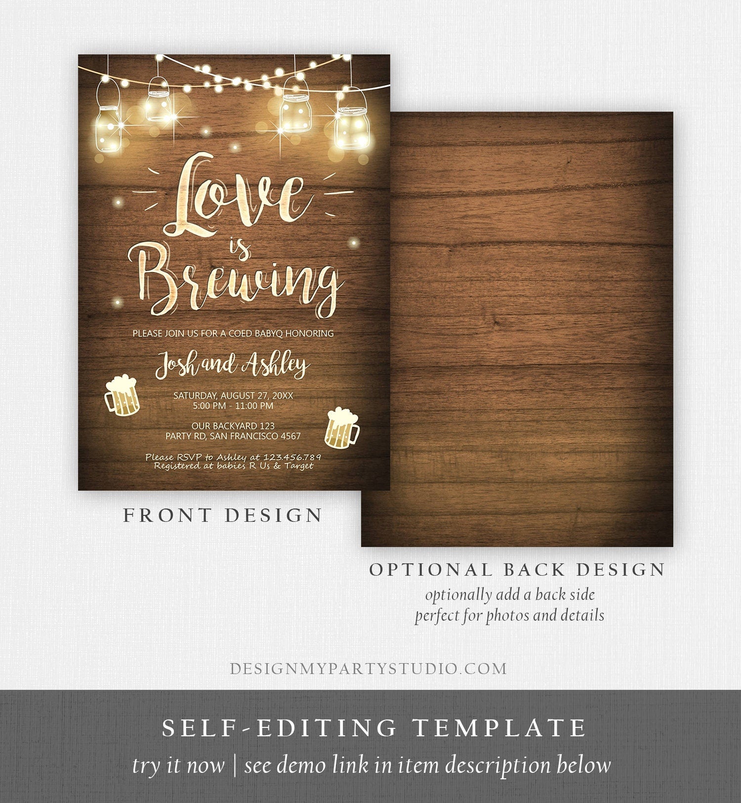 Editable Love is Brewing Invitation Bridal Shower Beer BBQ Rehearsal Dinner Wedding Couples Shower Rustic Template Corjl Printable 0015