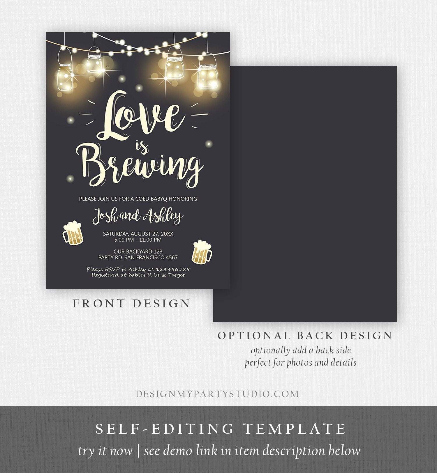 Editable Love is Brewing Invitation Bridal Shower Beer BBQ Rehearsal Dinner Wedding Couples Shower Rustic Download Print Template Corjl 0024