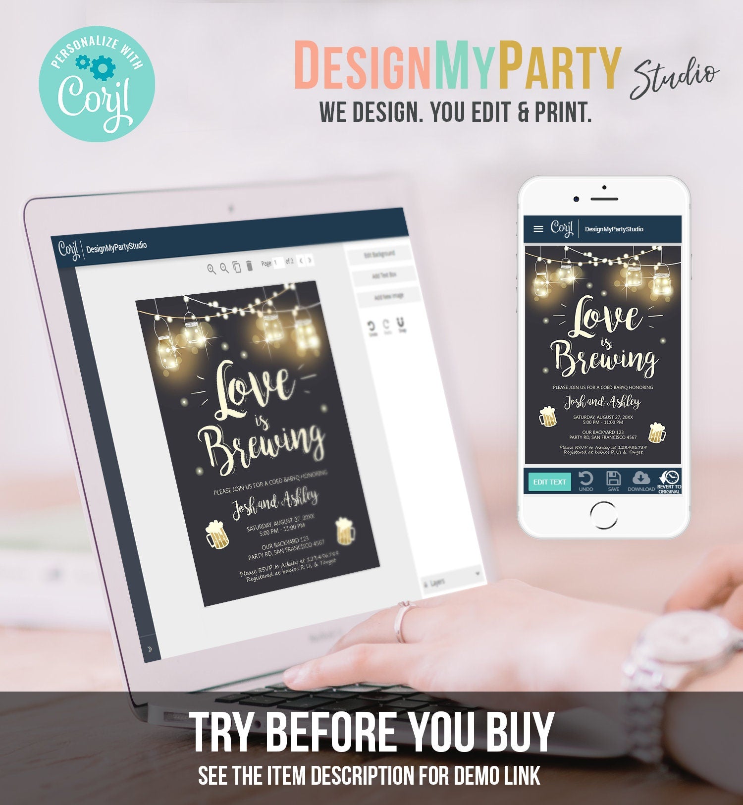 Editable Love is Brewing Invitation Bridal Shower Beer BBQ Rehearsal Dinner Wedding Couples Shower Rustic Download Print Template Corjl 0024