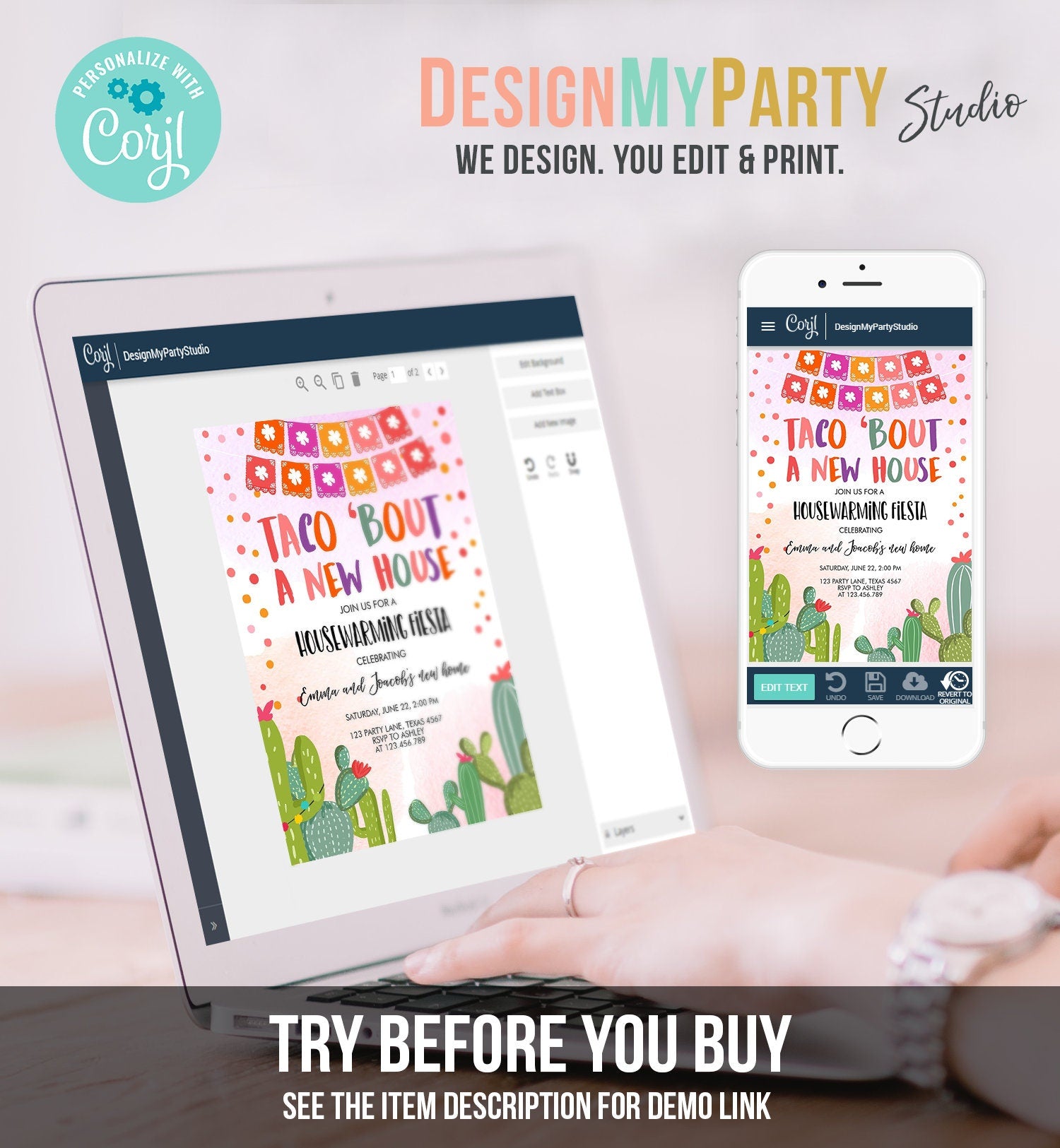 Editable Housewarming Invite Taco Bout A New House Party Fiesta New Home Cactus Mexican Download Printable Template Corjl Digital 0135