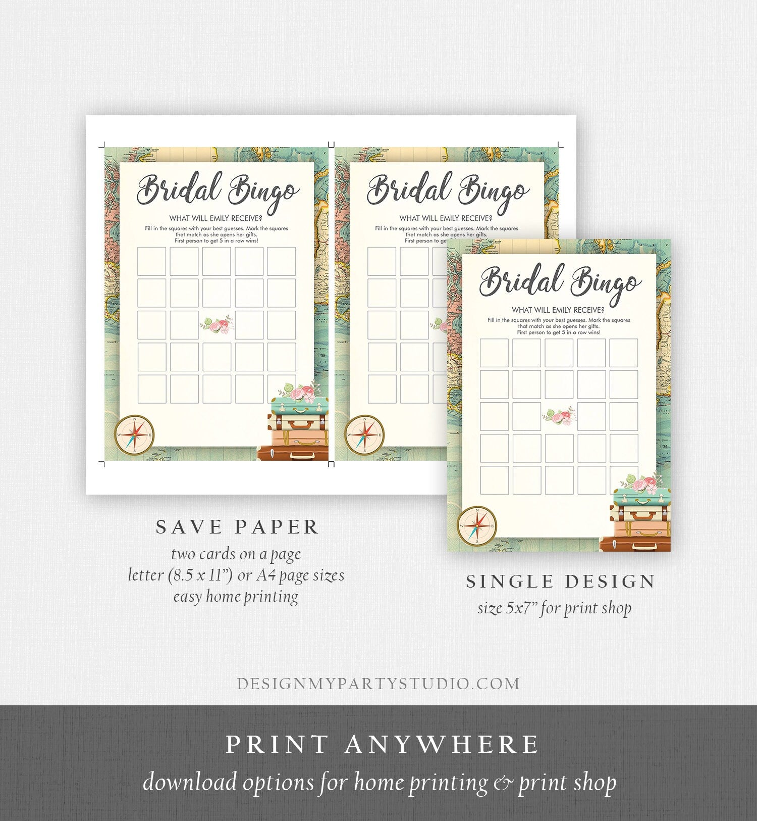 Editable Bridal Bingo Bridal Shower Game Travel Wedding Shower Activity Rustic Suitcases Vintage Map Party Corjl Template Printable 0044