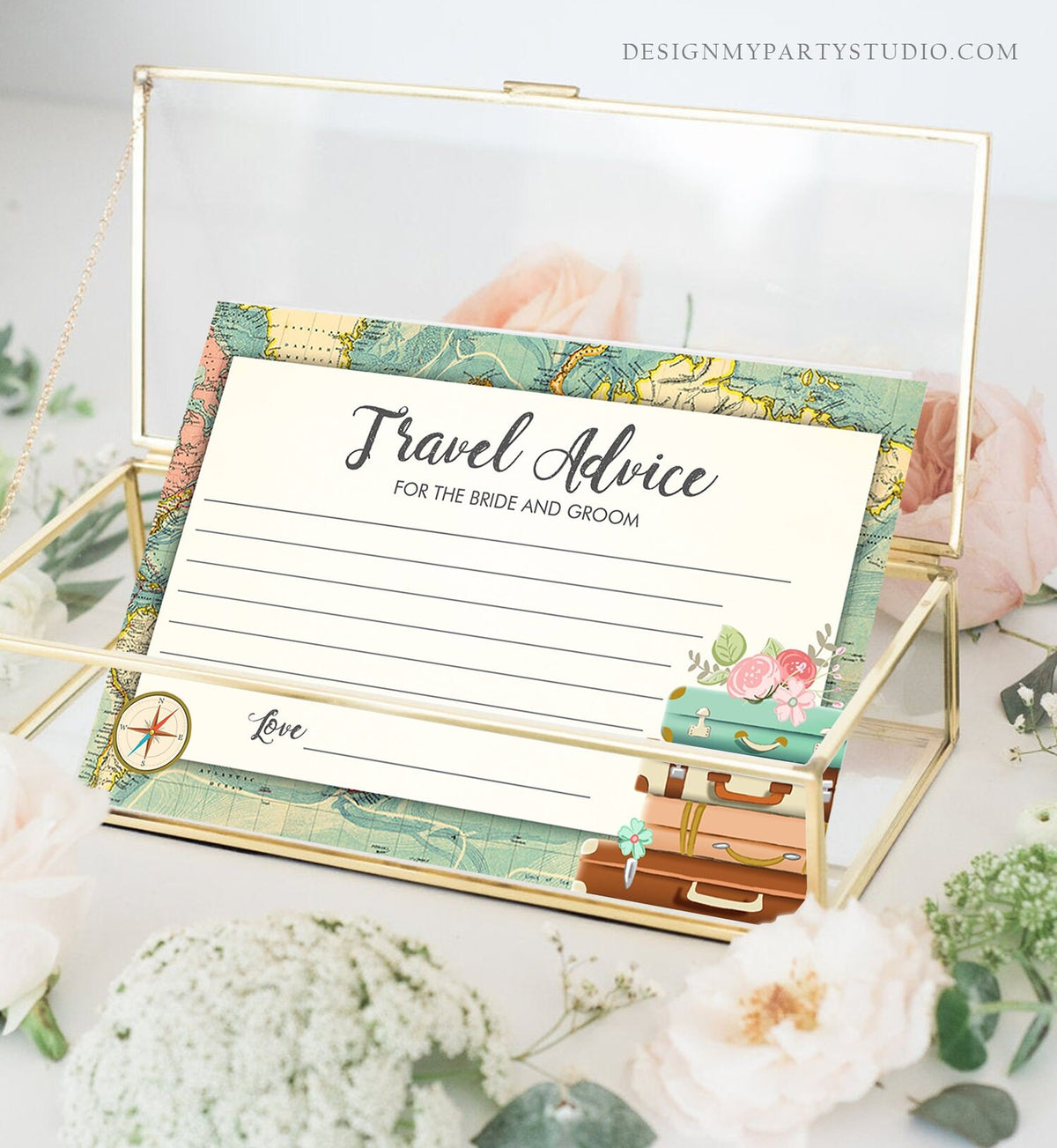 Editable Advice for the Bride-to-Be Card Bridal Shower Travel Words of Wisdom Advice for Bride Game Adventure Suitcases Corjl Template 0044