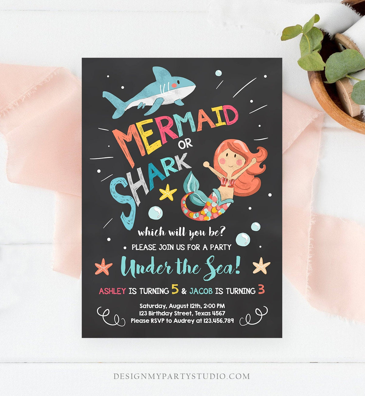 Editable Mermaid or Shark Birthday Invitation Under The Sea Party Coed Pool Party Brother Sister Download Corjl Template Printable 0197