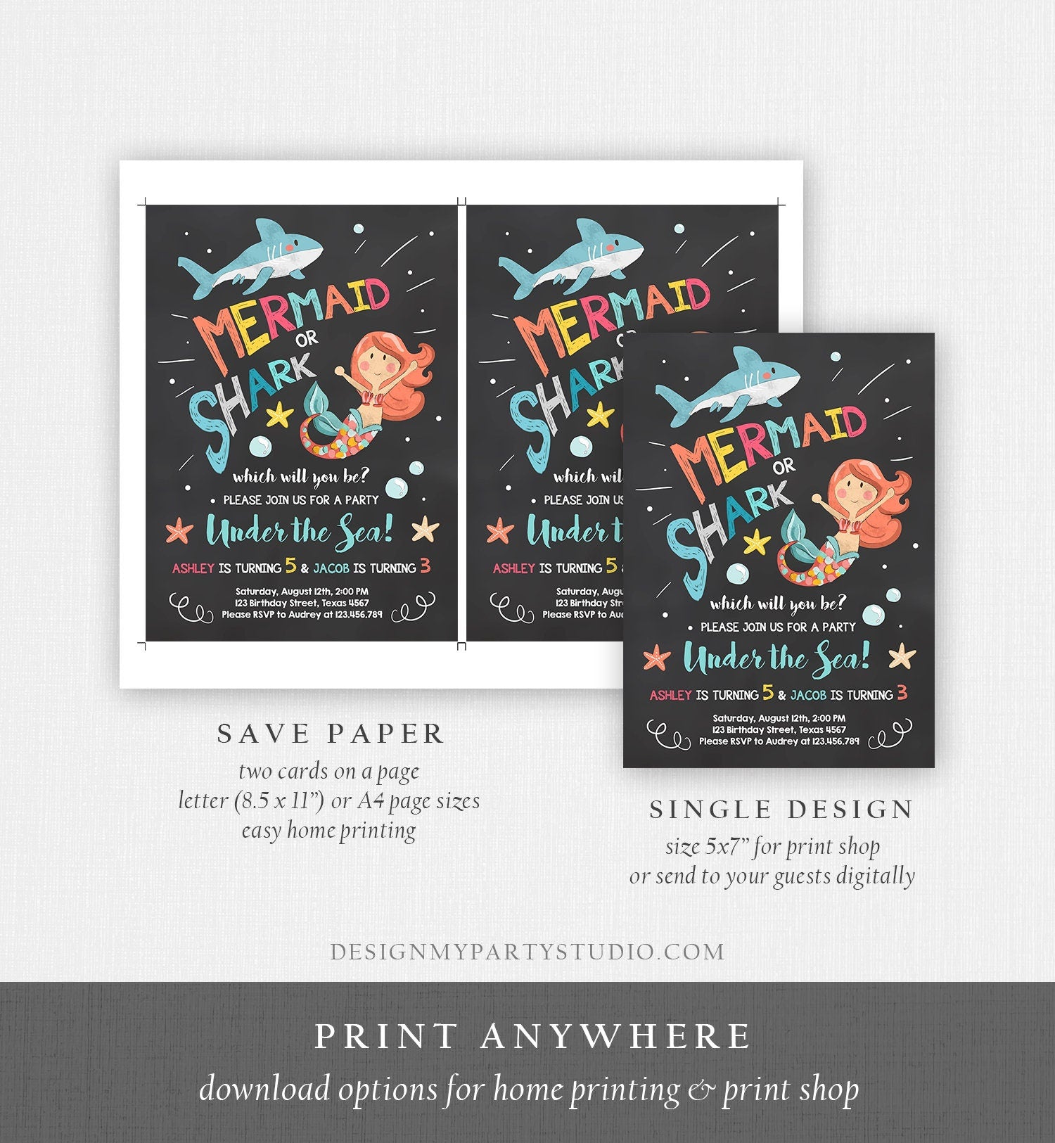 Editable Mermaid or Shark Birthday Invitation Under The Sea Party Coed Pool Party Brother Sister Download Corjl Template Printable 0197