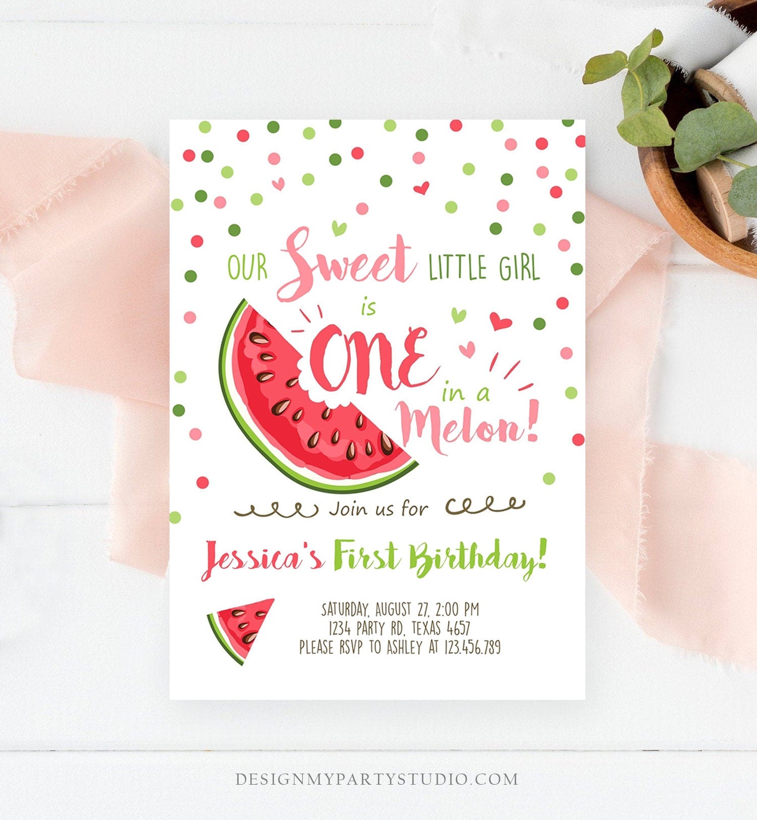 Editable Watermelon Birthday Invitation Girl Pink Red One in a Melon Party Summer Fruit First Birthday 1st Corjl Template Printable 0120