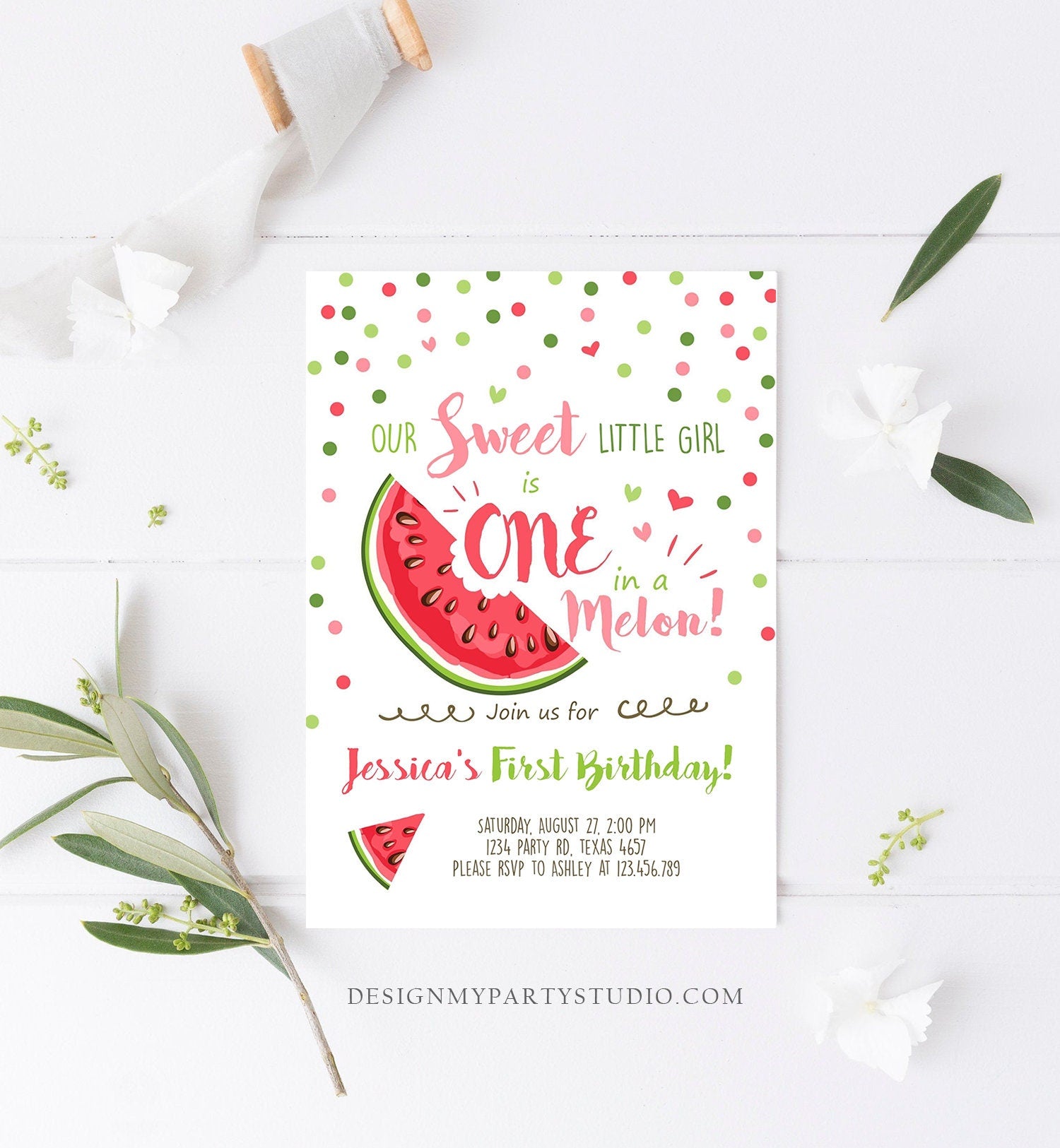 Editable Watermelon Birthday Invitation Girl Pink Red One in a Melon Party Summer Fruit First Birthday 1st Corjl Template Printable 0120