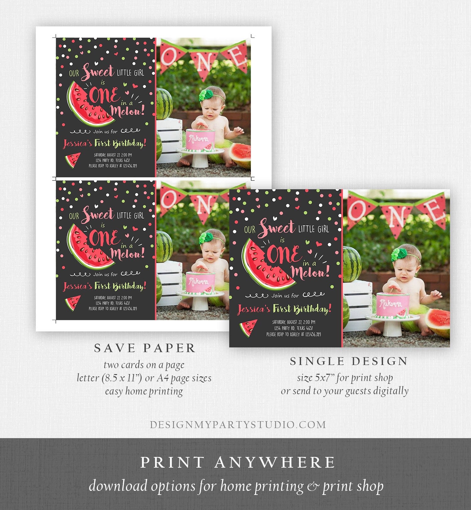 Editable Watermelon Birthday Invitation Girl Pink Red One in a Melon Party Summer Fruit First Birthday 1st Corjl Template Printable 0120