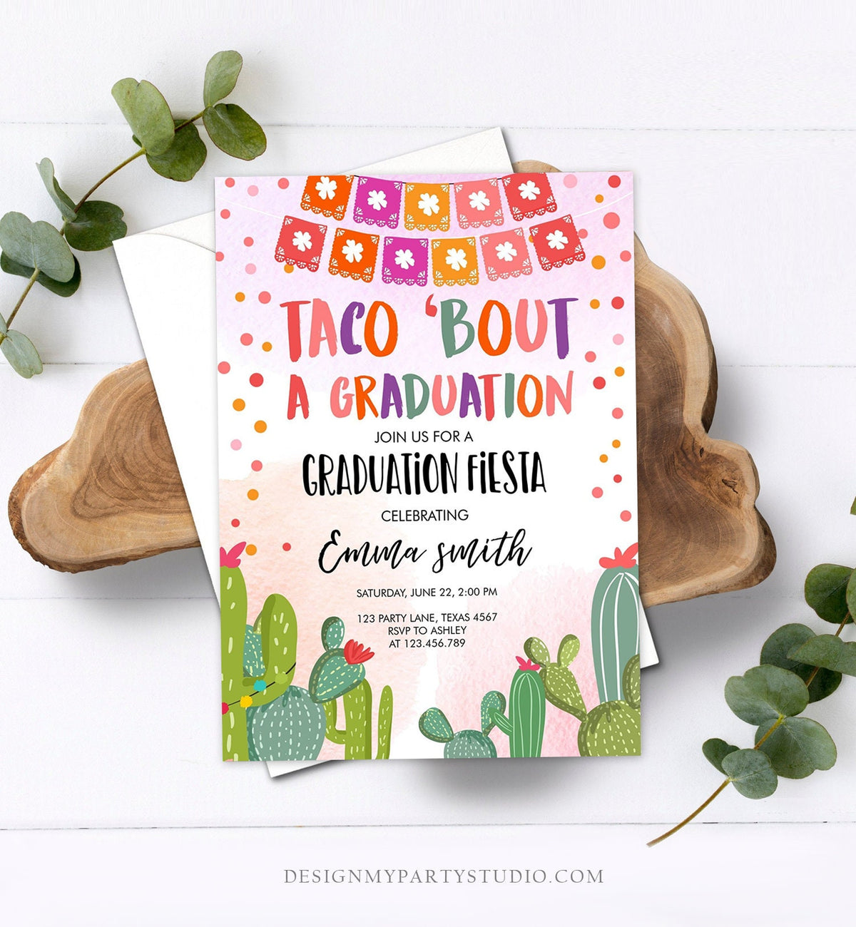 Editable Taco Bout a Graduation Party Invitation Fiesta Graduation Party Cactus Girl Mexican Digital Download Evite Template Printable 0135