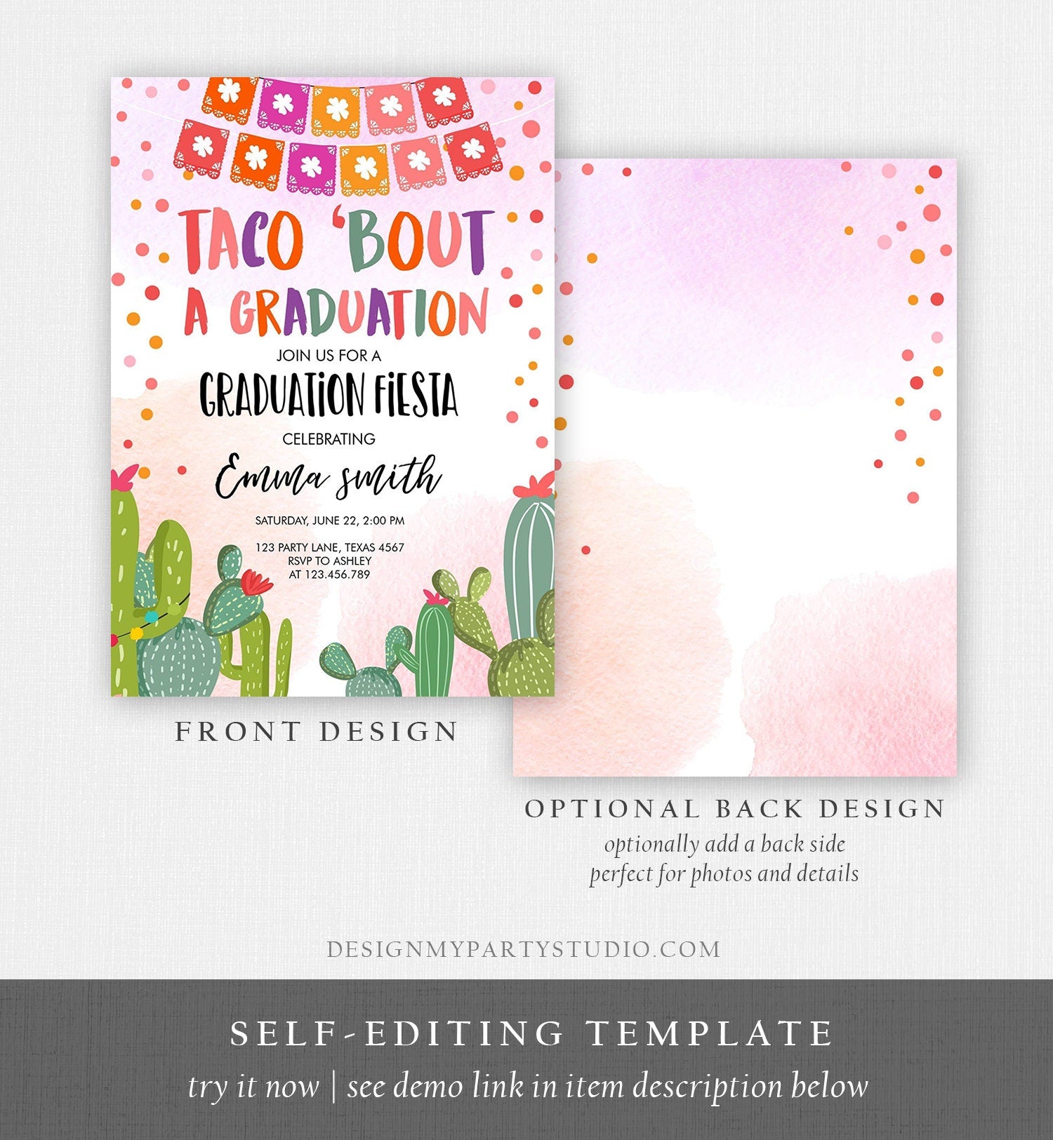 Editable Taco Bout a Graduation Party Invitation Fiesta Graduation Party Cactus Girl Mexican Digital Download Evite Template Printable 0135