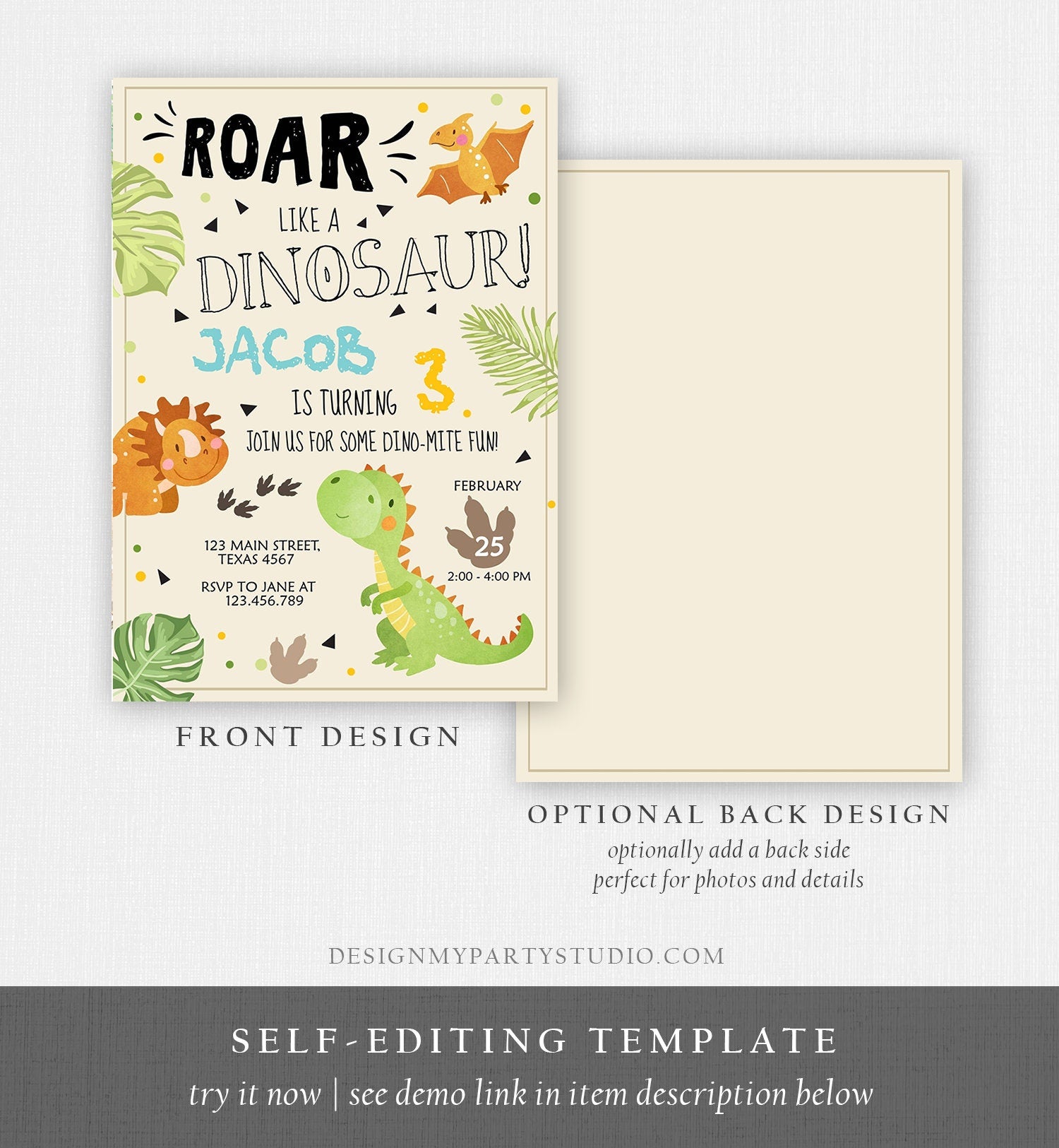 Editable Dinosaur Birthday Invitation Dino Dig Party Prehistoric Boy T-Rex Roar Fossil Party Digital Download Printable Template Corjl 0283