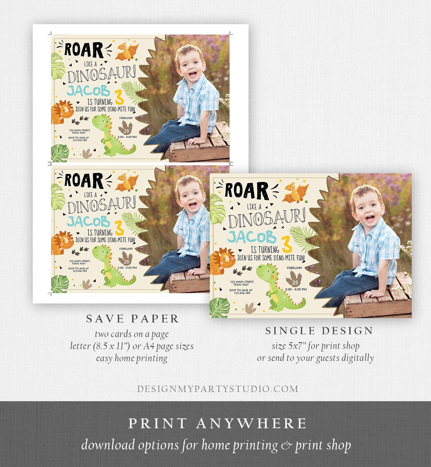 Editable Dinosaur Birthday Invitation Dino Dig Party Prehistoric Boy T-Rex Roar Fossil Party Digital Download Printable Template Corjl 0283