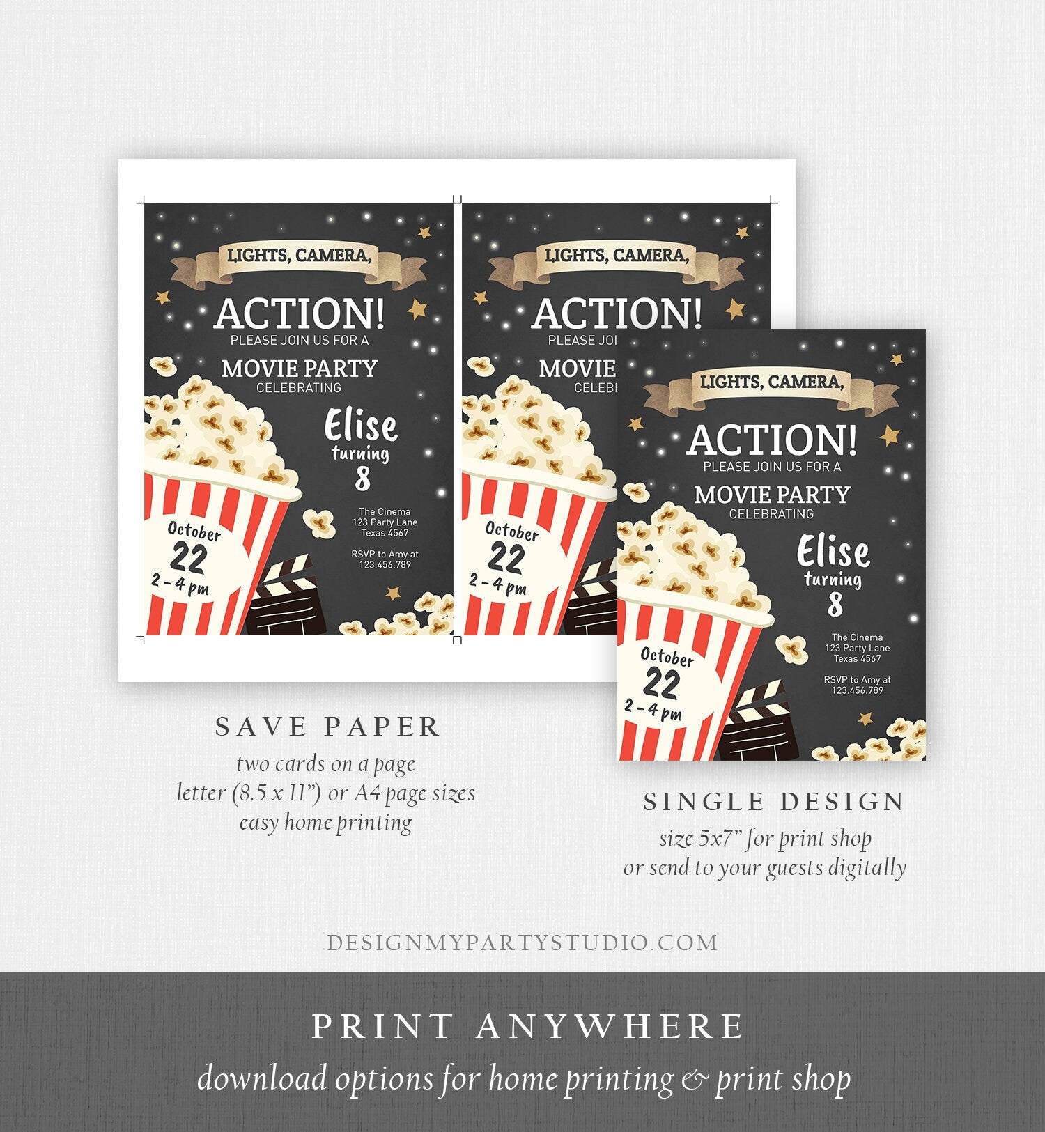 Editable Movie Night Birthday Invitation Boy Girl Movie Invite Cinema Party Backyard Movie Popcorn Download Printable Template Corjl 0182