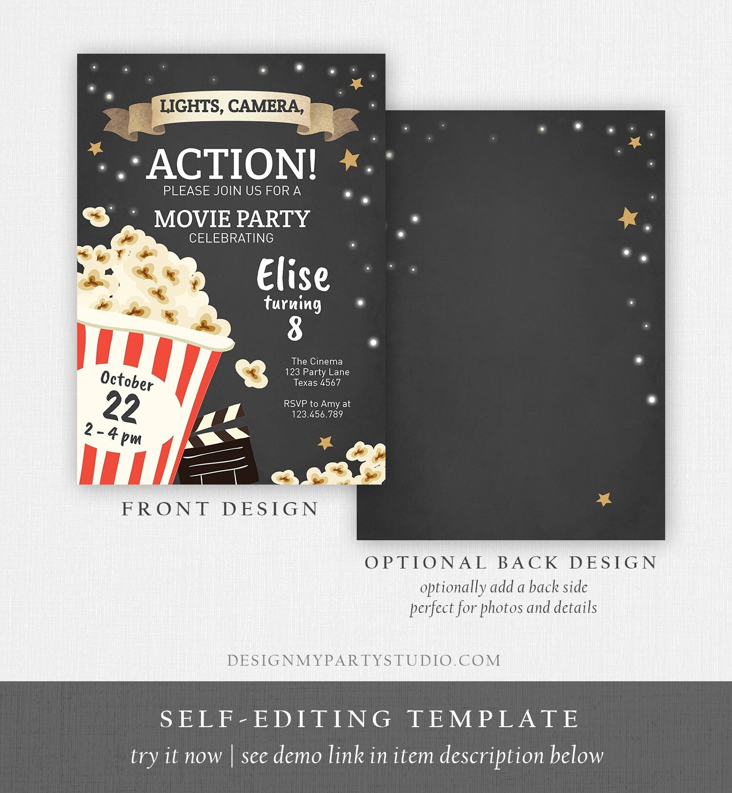 Editable Movie Night Birthday Invitation Boy Girl Movie Invite Cinema Party Backyard Movie Popcorn Download Printable Template Corjl 0182