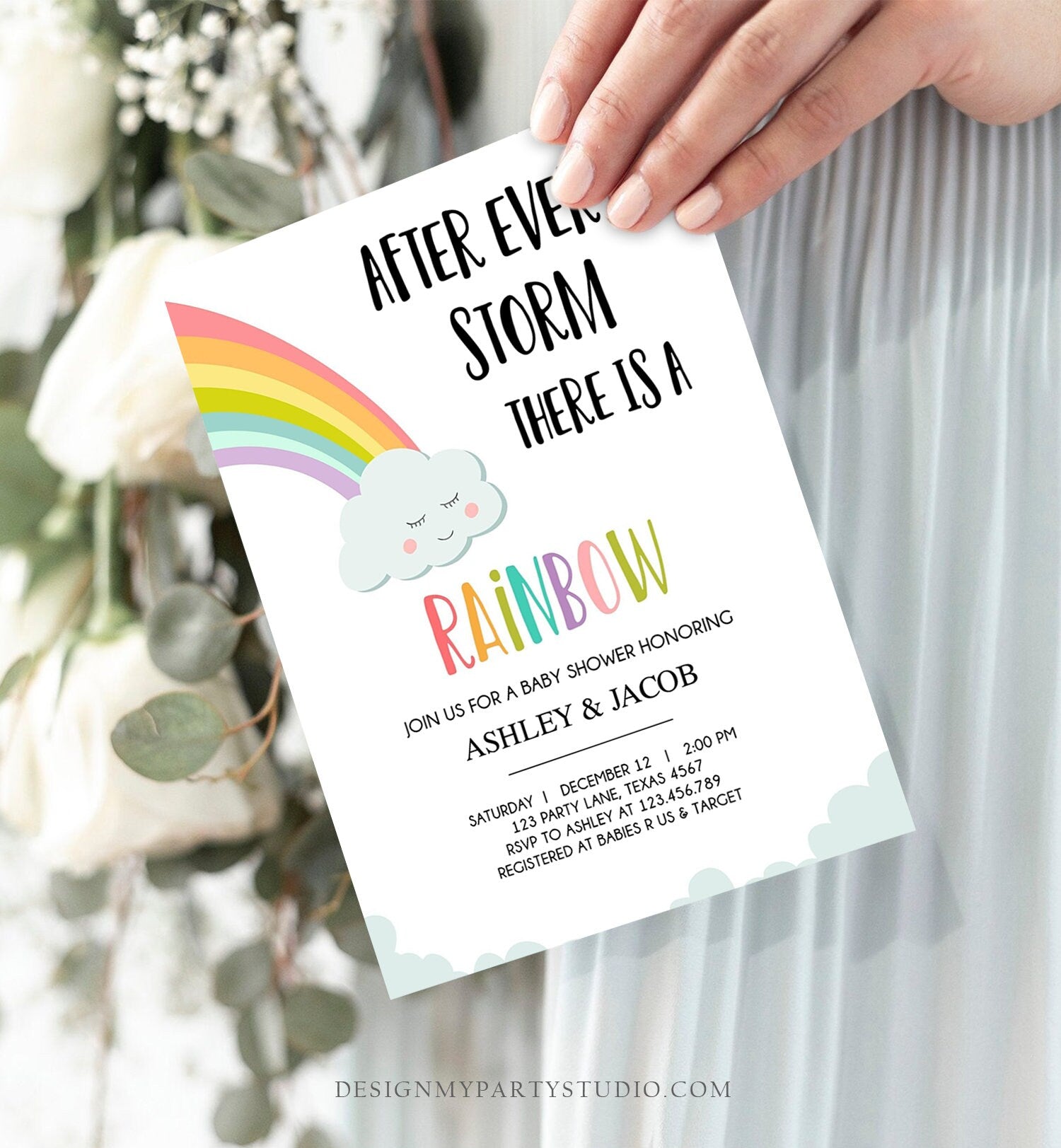 Editable Rainbow Baby Shower Invitation Rainbow Baby After a Loss Cloud Gender Neutral Digital Download Evite Template Printable 0233