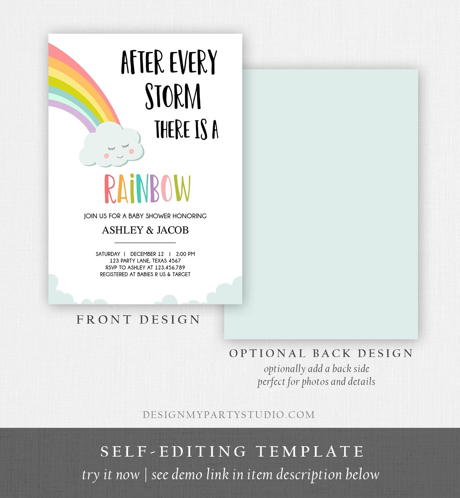 Editable Rainbow Baby Shower Invitation Rainbow Baby After a Loss Cloud Gender Neutral Digital Download Evite Template Printable 0233