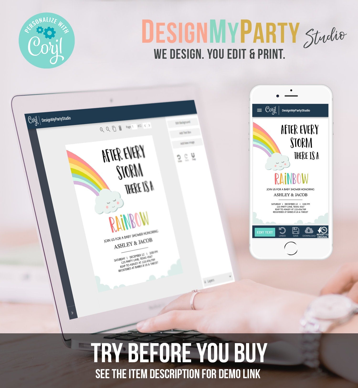 Editable Rainbow Baby Shower Invitation Rainbow Baby After a Loss Cloud Gender Neutral Digital Download Evite Template Printable 0233