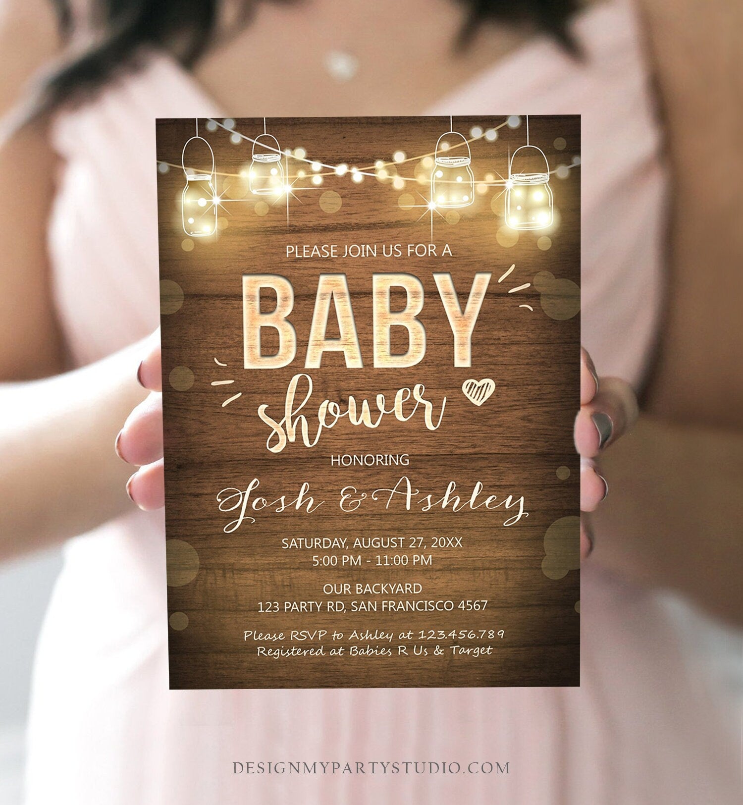 Editable Baby Shower Invitation Rustic Wood Lights Jars Coed Shower Sprinkle BBQ Gender Neutral Download Corjl Template Printable 0015