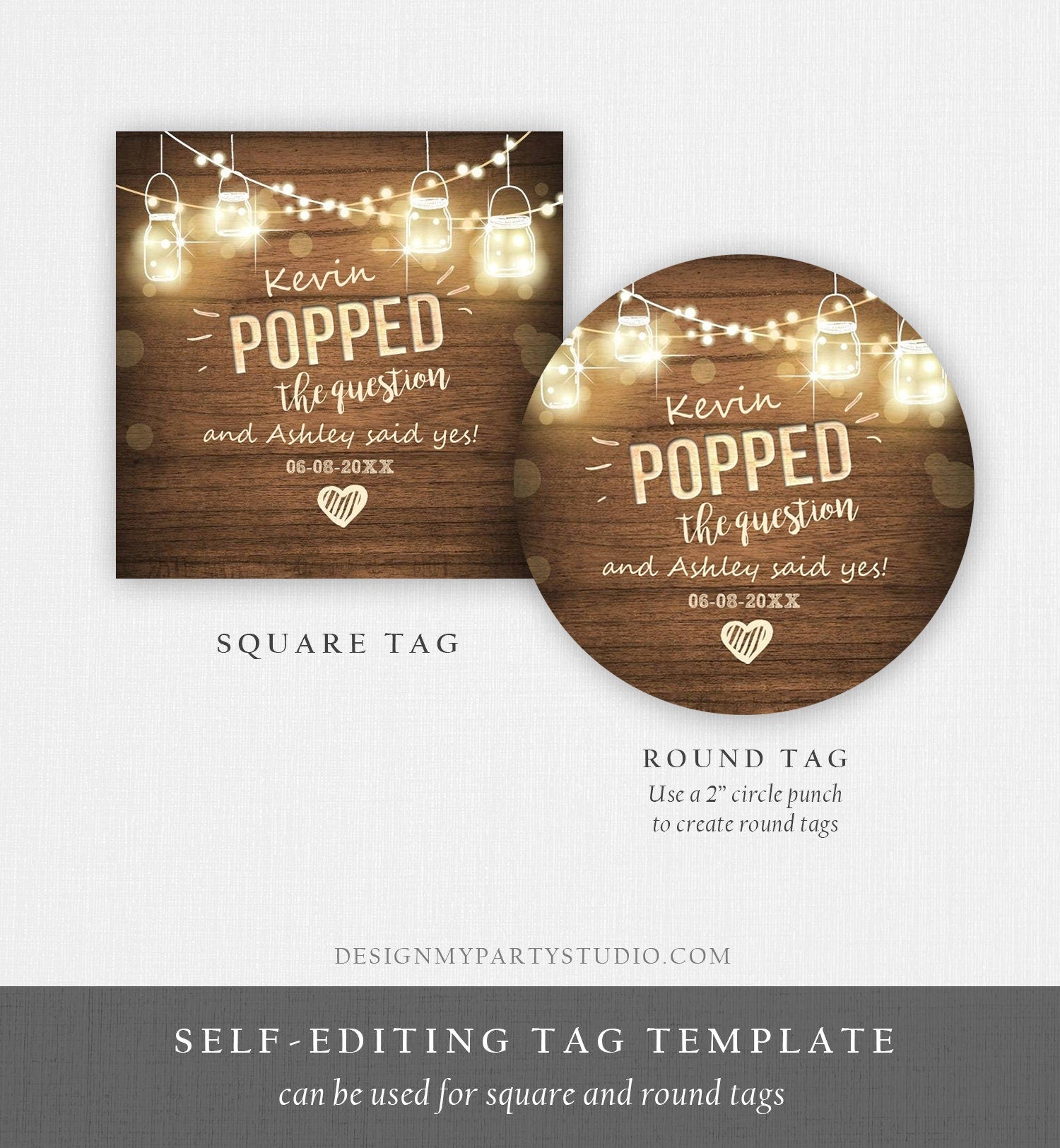 Editable Popped the Question Gift Tag Engagement Party Round Square Favor Tag Popcorn Sticker Bridal Shower Wedding Corjl Template 0015 0110