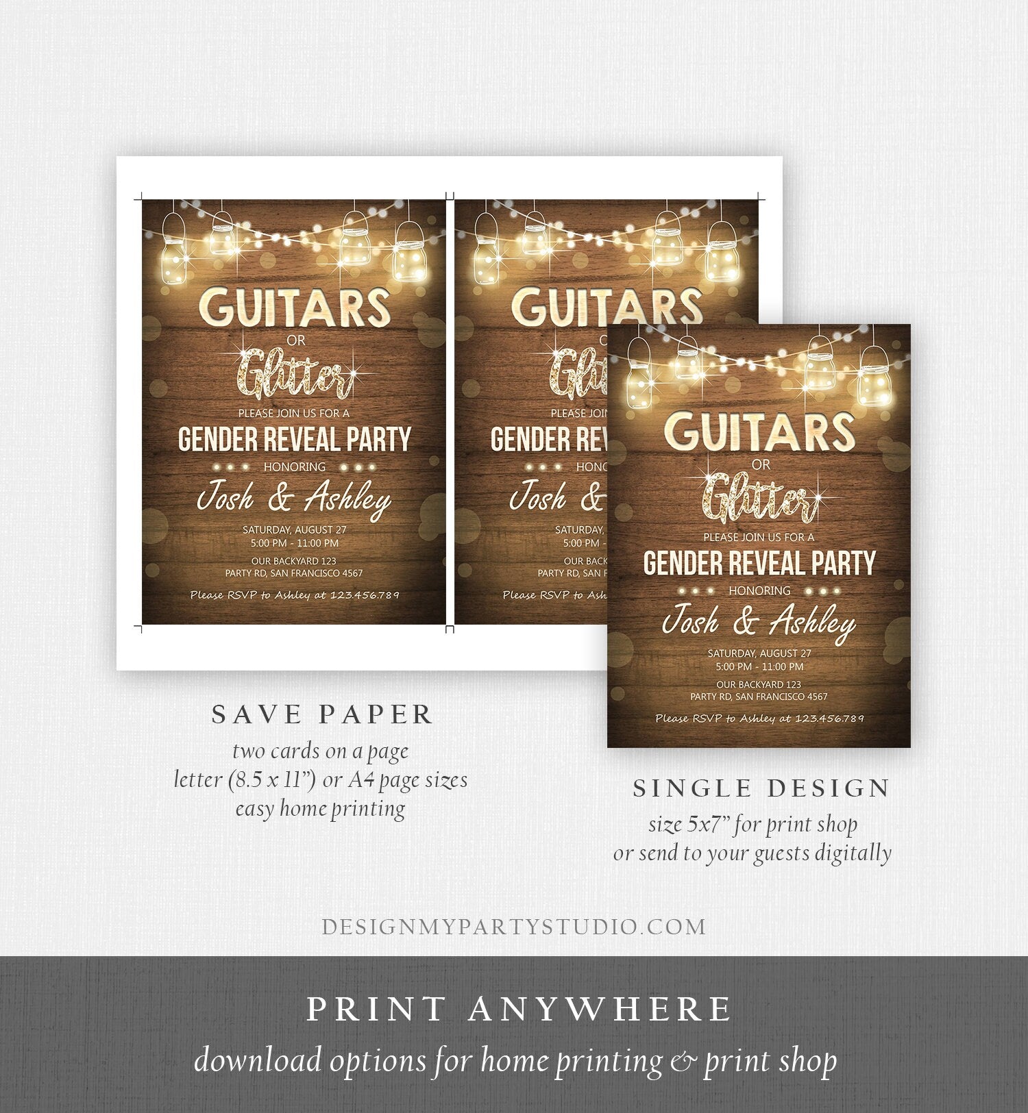 Editable Guitars or Glitter Gender Reveal Invitation Baby Shower Boy or Girl He or She Rustic Wood Digital Download Template Printable 0015