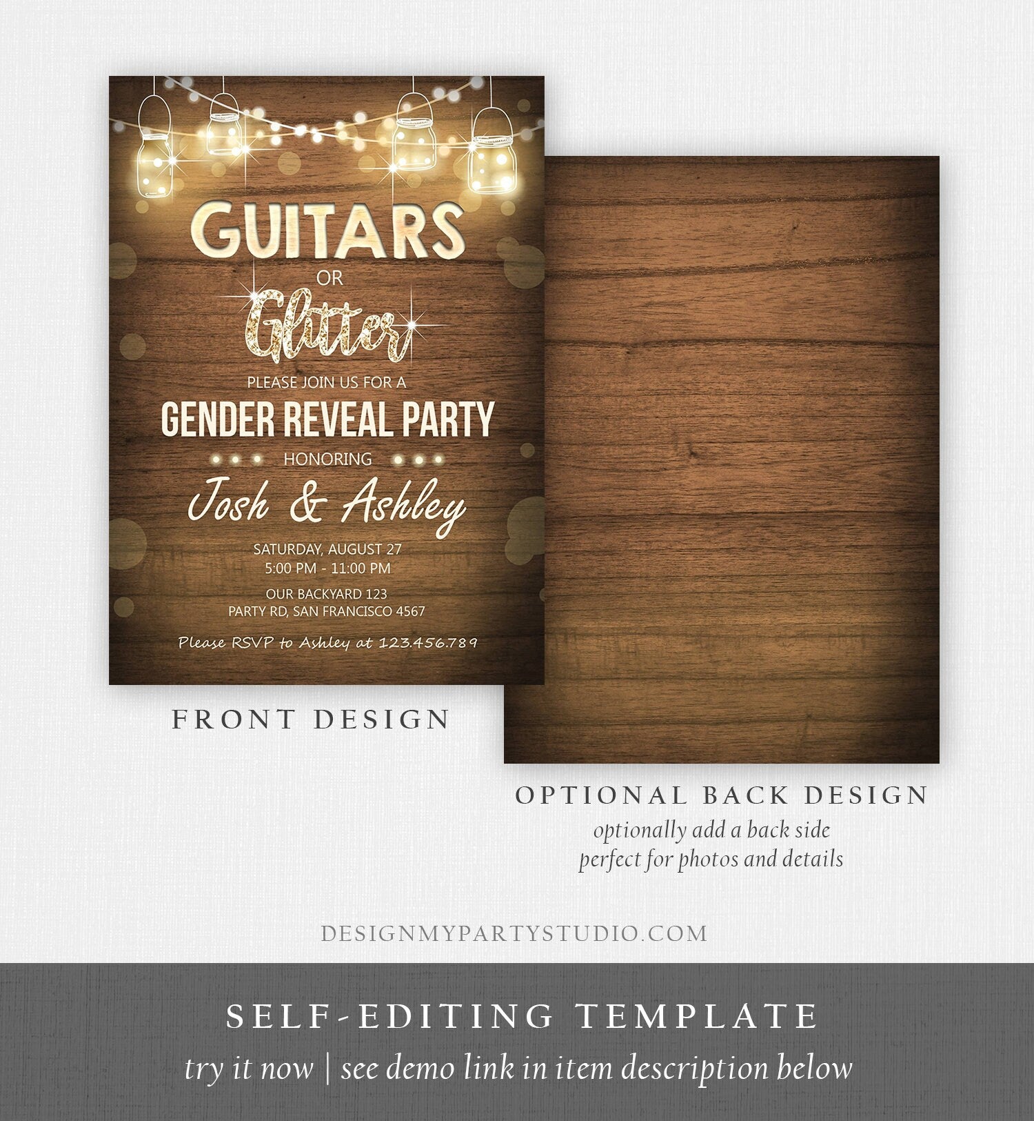 Editable Guitars or Glitter Gender Reveal Invitation Baby Shower Boy or Girl He or She Rustic Wood Digital Download Template Printable 0015