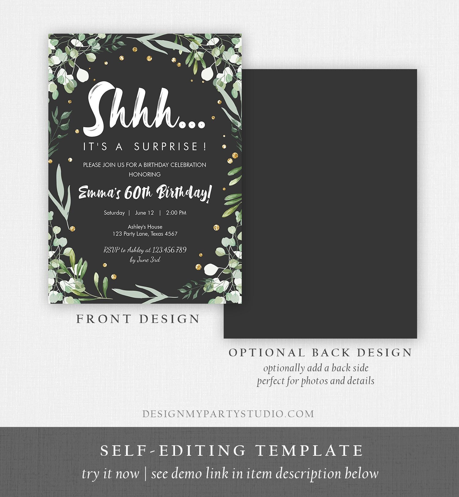 Editable Greenery Surprise Birthday Invitation ANY AGE Shhh Its It's a Surprise 30th 50th 60th Party Digital Evite Template Printable 0253