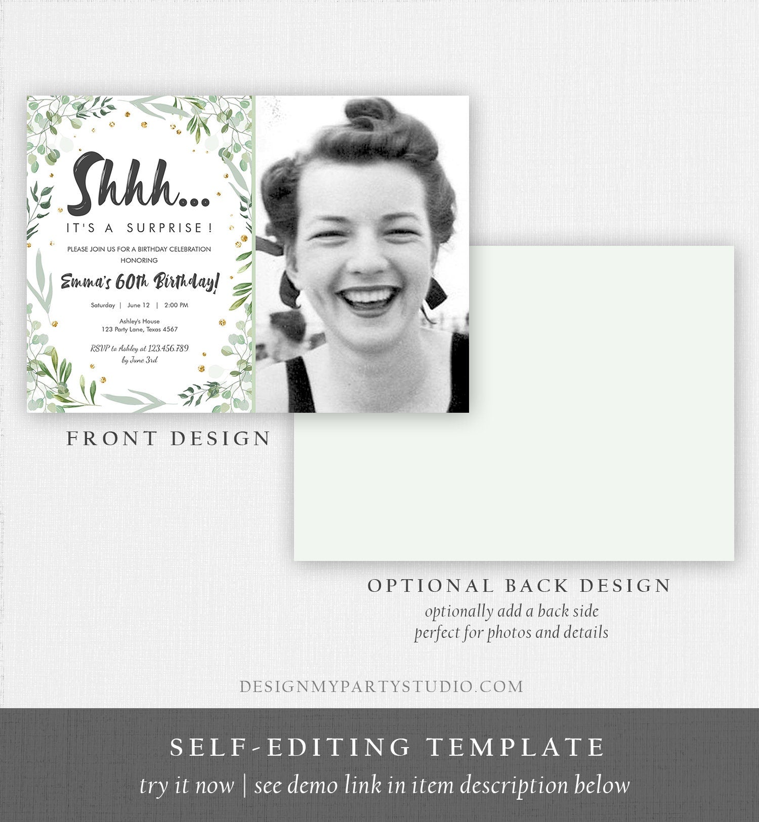 Editable Greenery Surprise Birthday Invitation ANY AGE Shhh Its It's A Surprise 30th 50th 60th Birthday Party Corjl Template Printable 0253