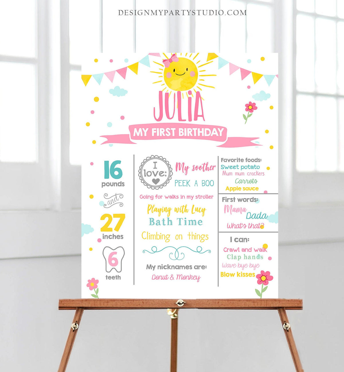 Editable Little Sunshine Birthday Milestones Sign Summer First Birthday 1st Birthday Girl Pink Bow Download Template Printable Corjl 0141