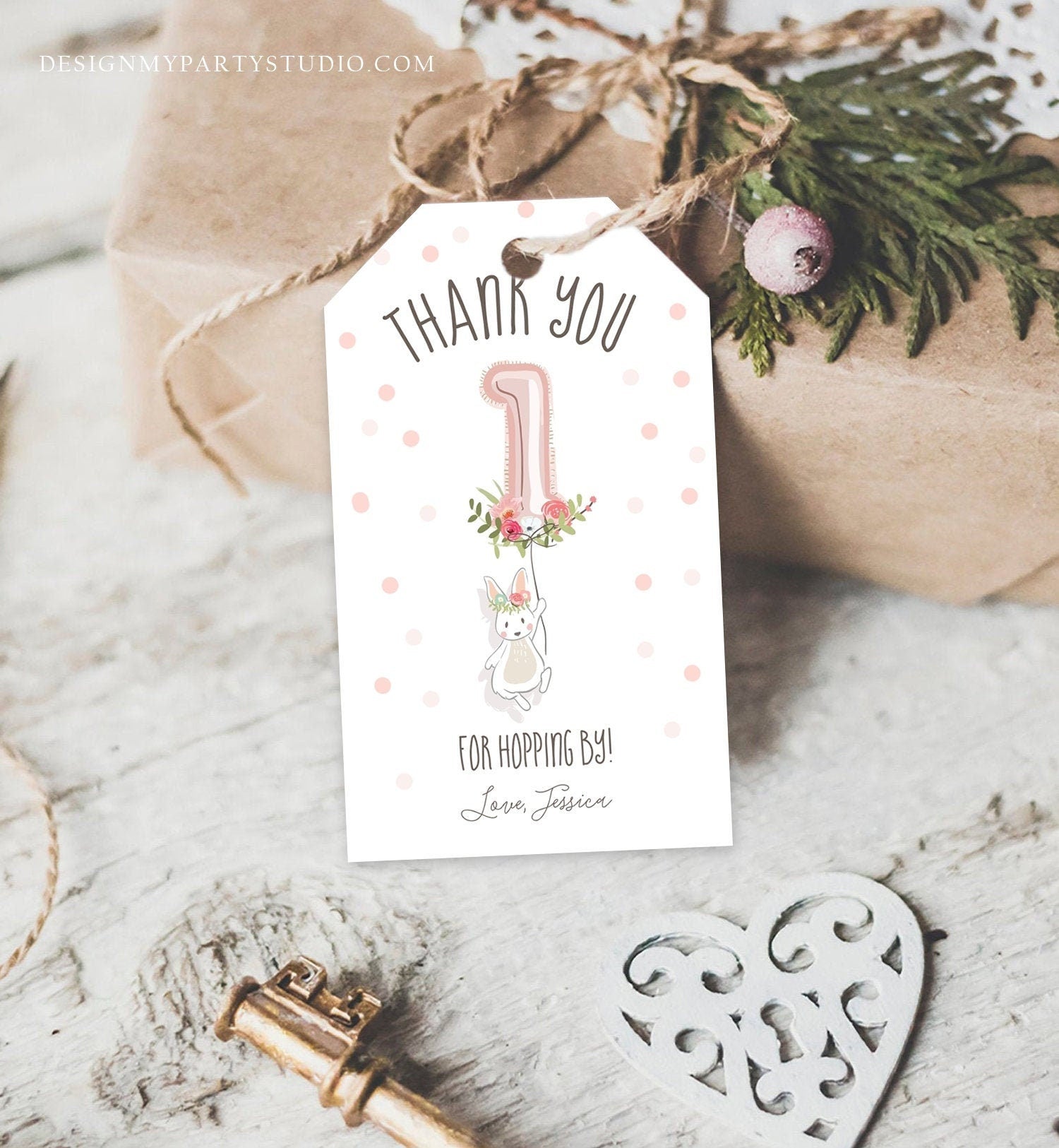 Editable Bunny Favor tags Birthday Thank you tag Hopping by Bunny Labels Bunny Balloon 1st Birthday Girl Pink Template Corjl PRINTABLE 0117