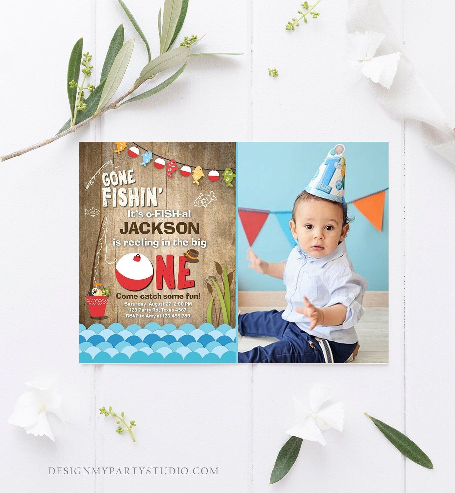 Editable First Birthday Fishing Invitation Fishing Party The Big One O-fish-al Gone Fishing Boy Wood Download Printable Template Corjl 0080