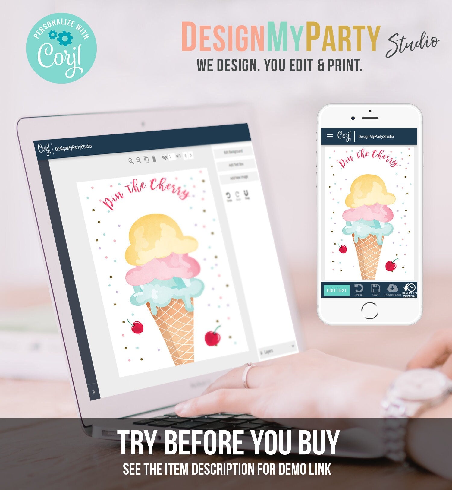 Editable Pin the Cherry on The Ice Cream Game Ice Cream Birthday Game -  Design My Party Studio